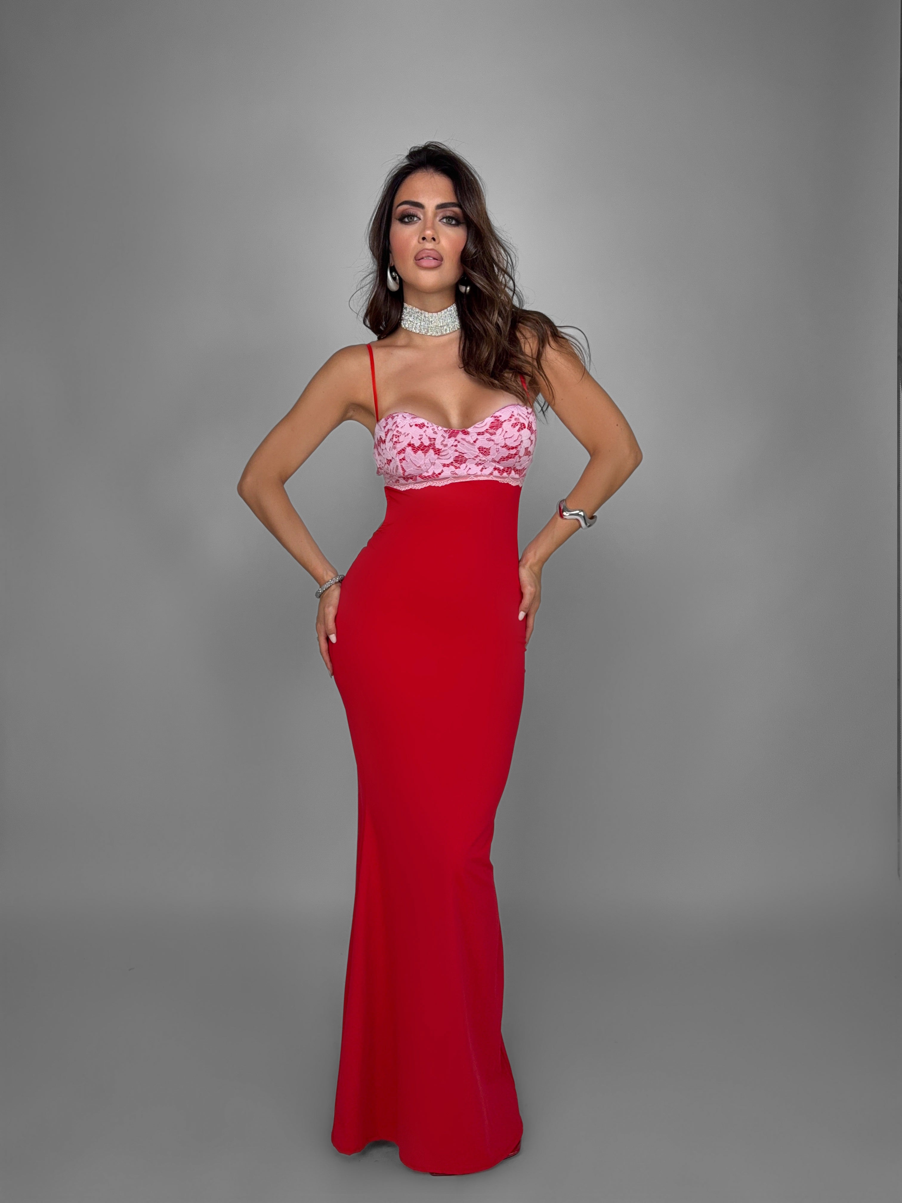 Dress Contrast Lace-Red