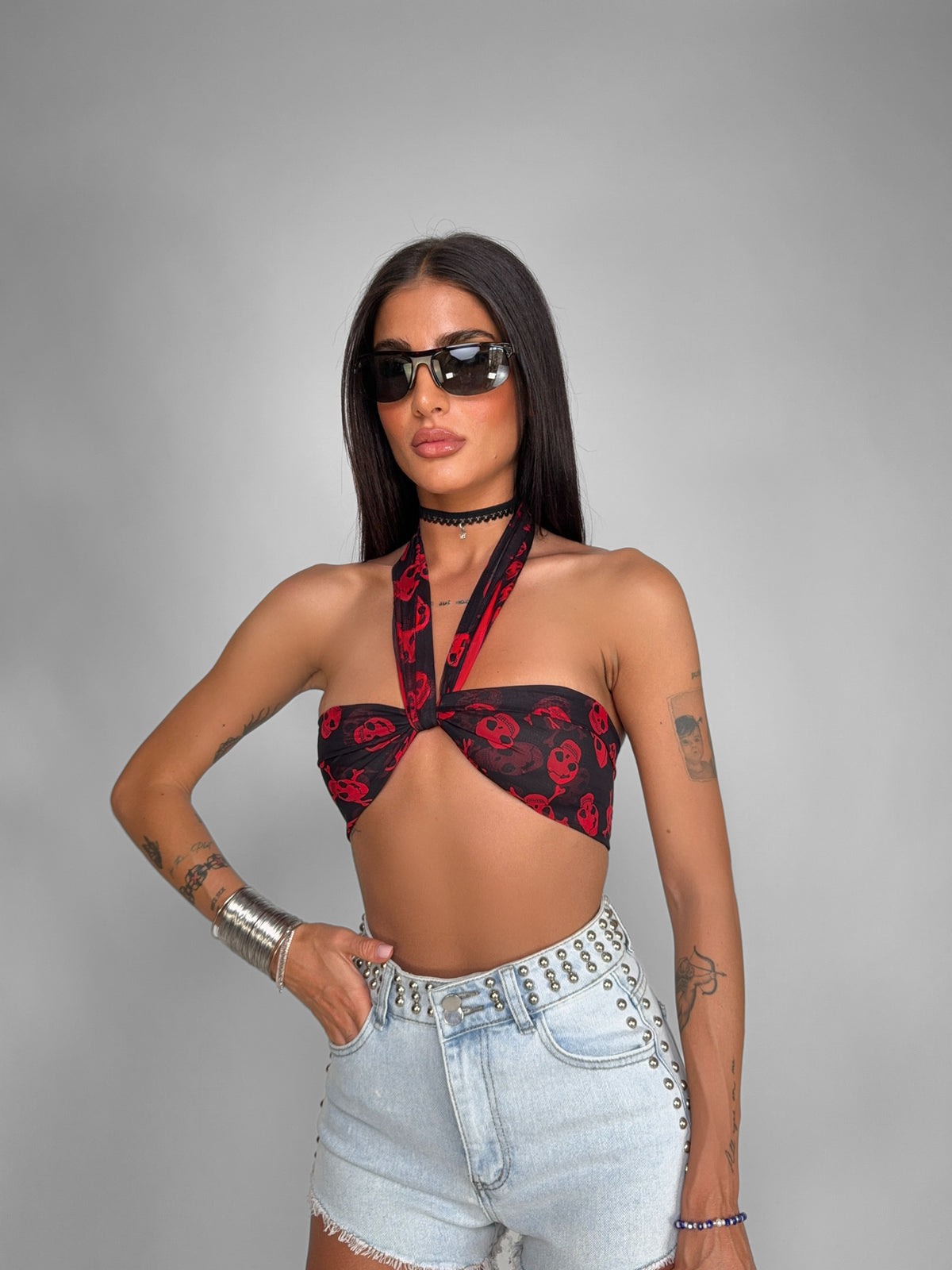 Top Foulard Skull Pattern-Red