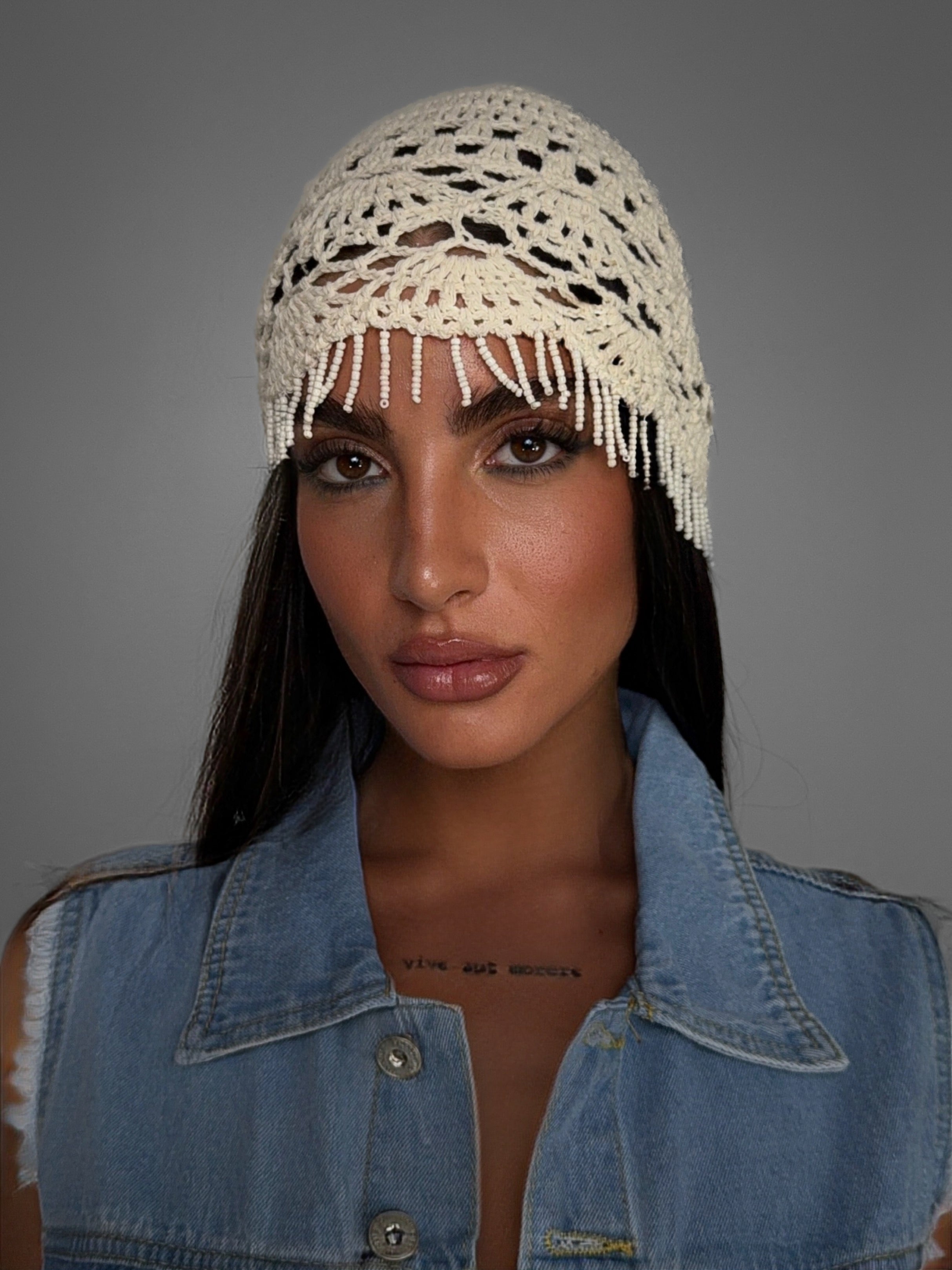Cappello Crochet Pearl Fringe-Beige