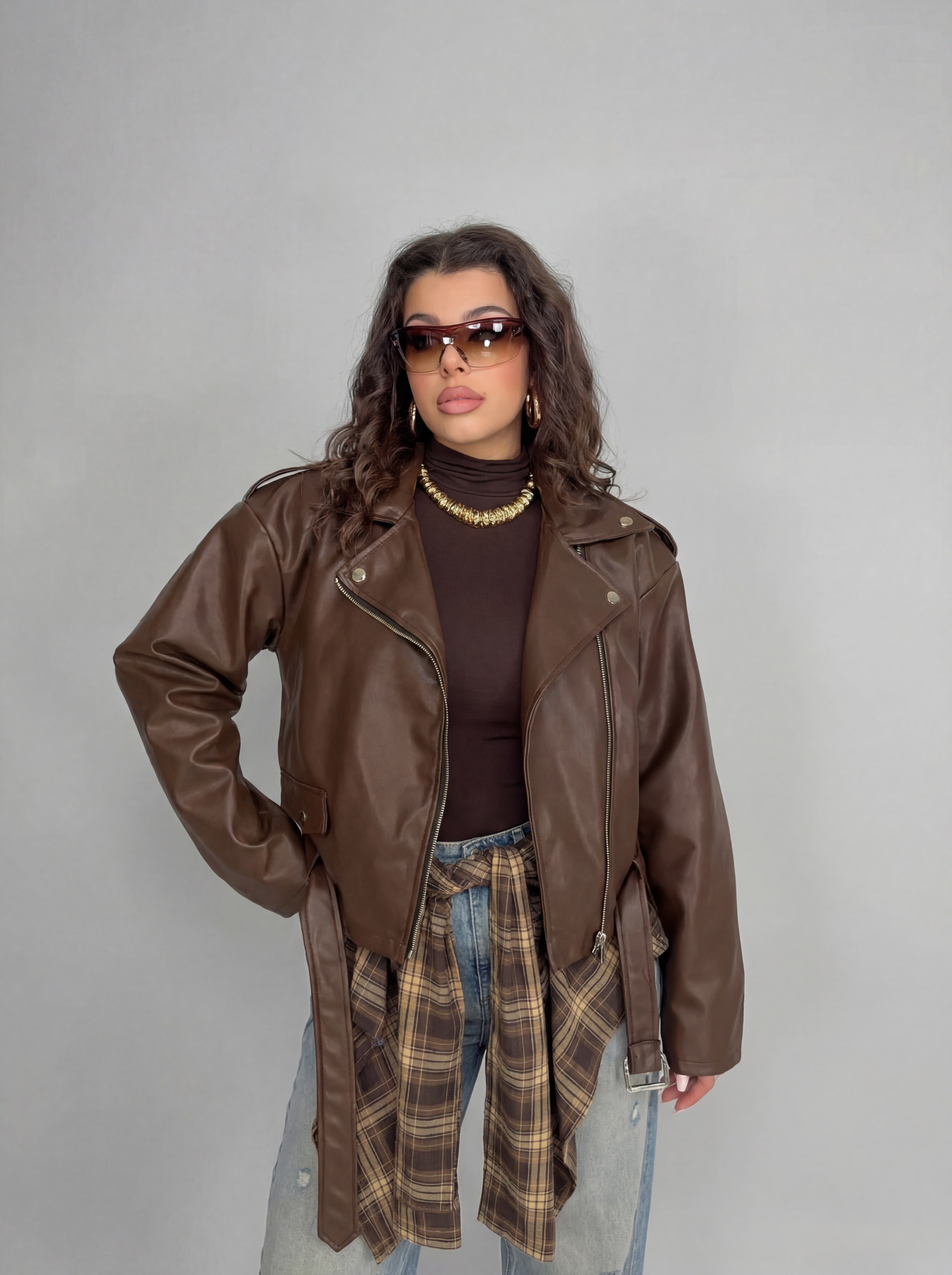 CURVY FIT - Chiodo Over Leather-Brown