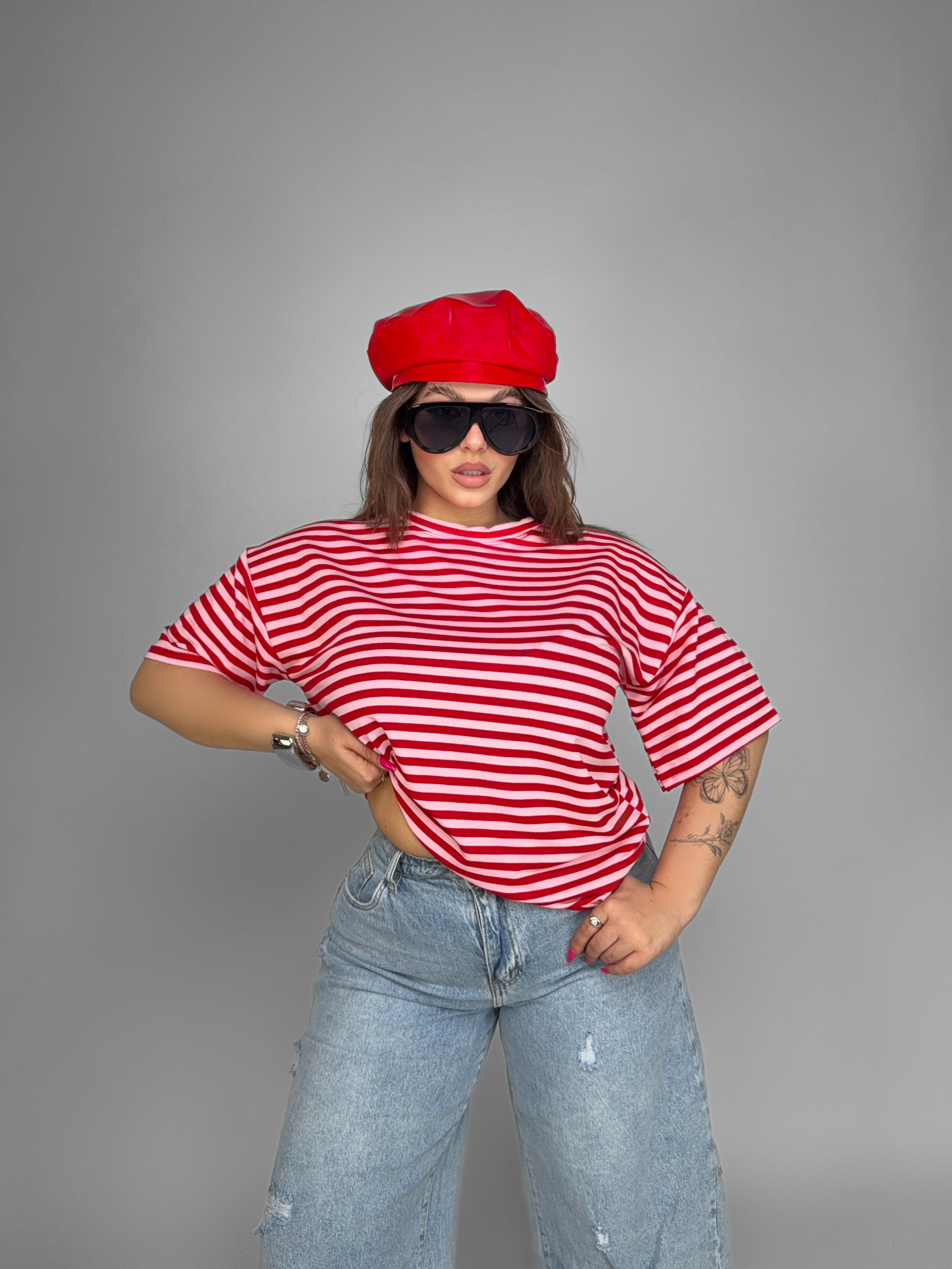 CURVY FIT - T-Shirt Stripe Layer-Red