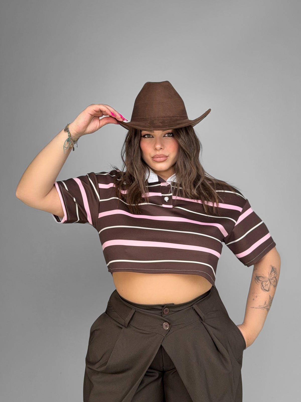 CURVY FIT - Polo Crop-Brown