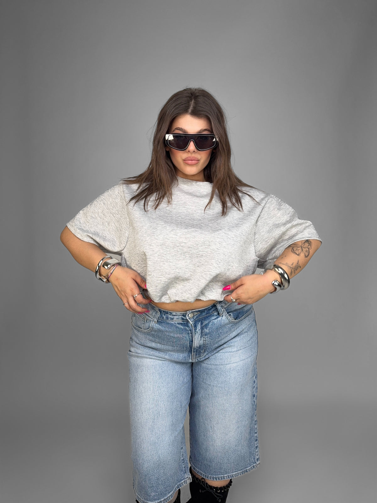 CURVY FIT - Crop Sweatshirt-Grey