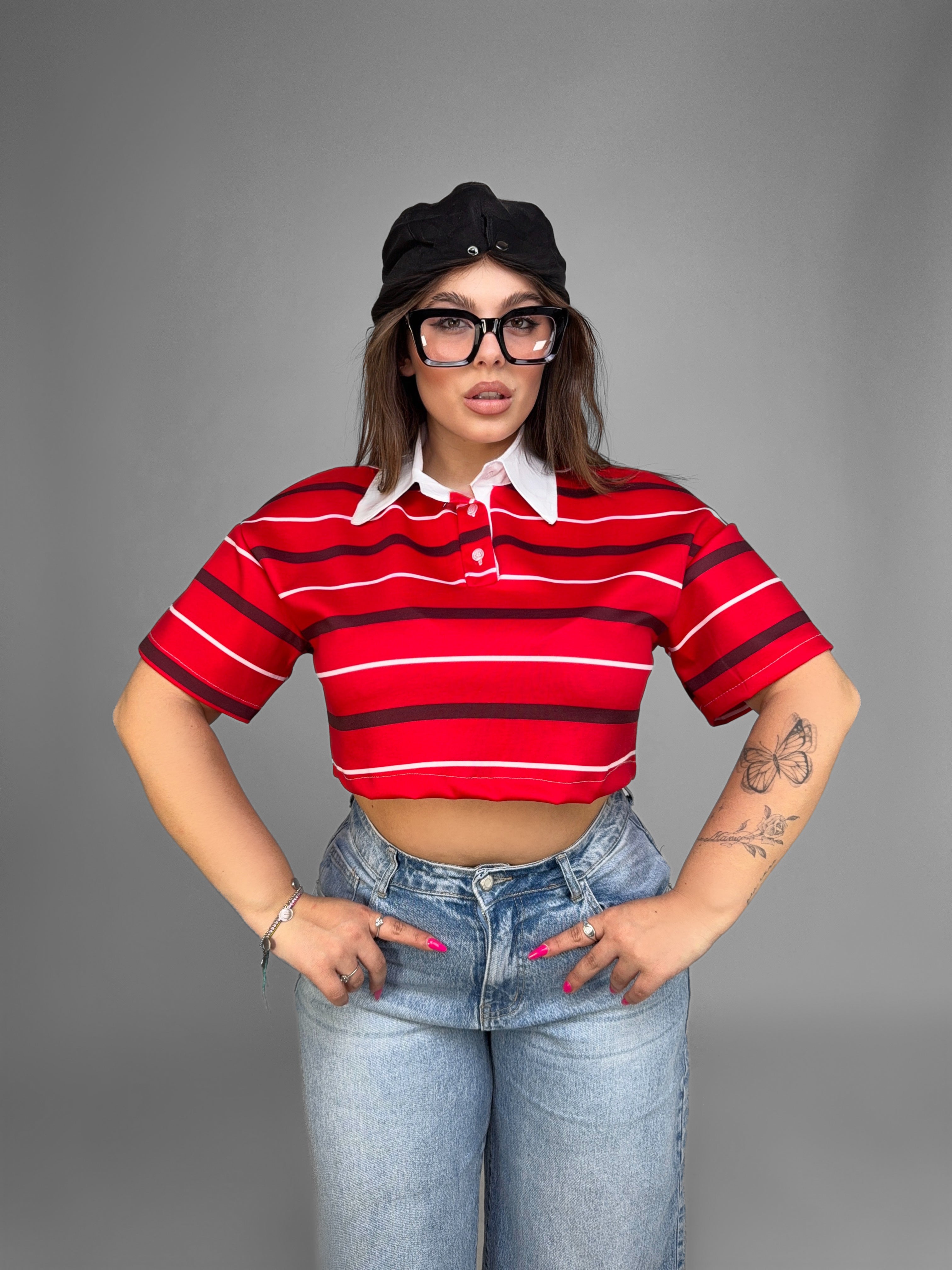 CURVY FIT - Polo Crop-Red
