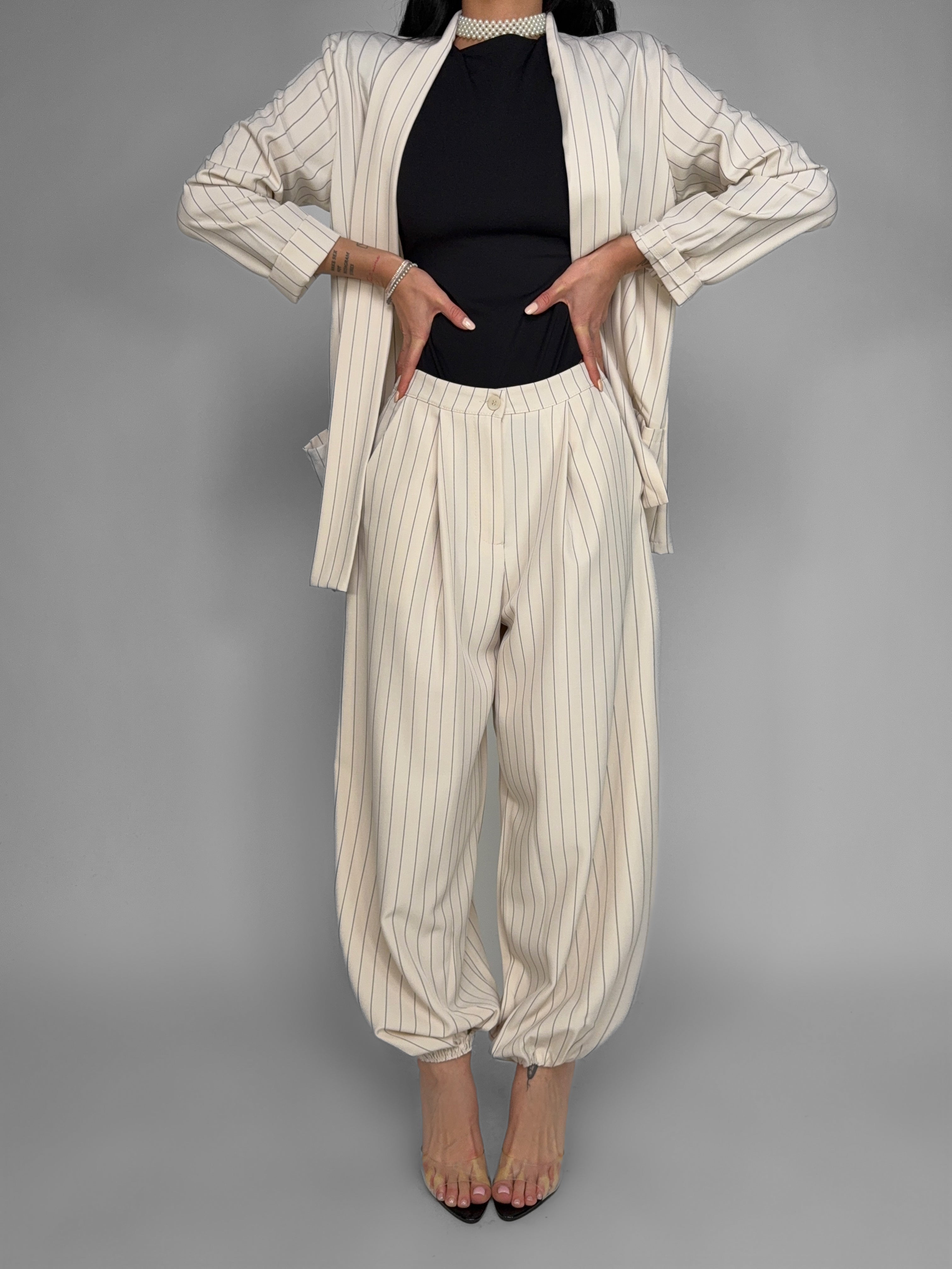 Classic Pinstripe Trousers - Beige