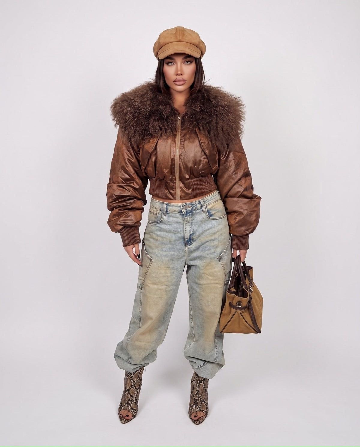 Bomber Crop Embossed-Brown