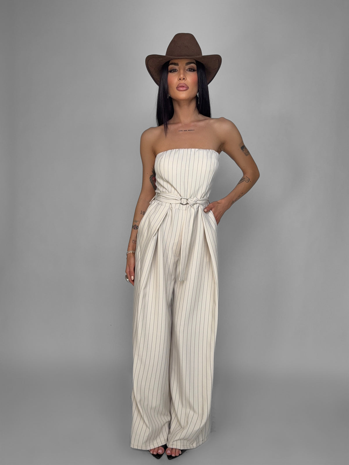 Striped Jumpsuit - Beige