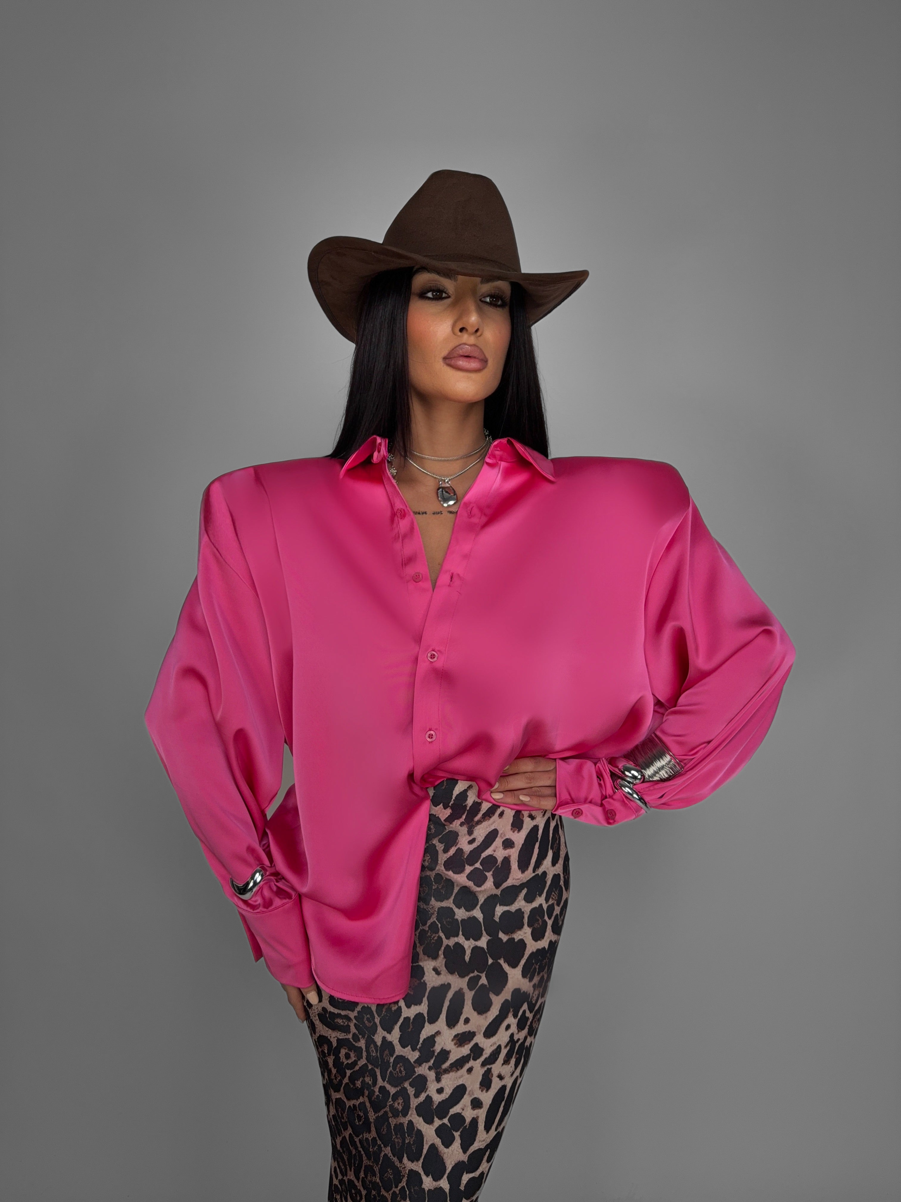 Shiny Satin Shirt-Fuchsia