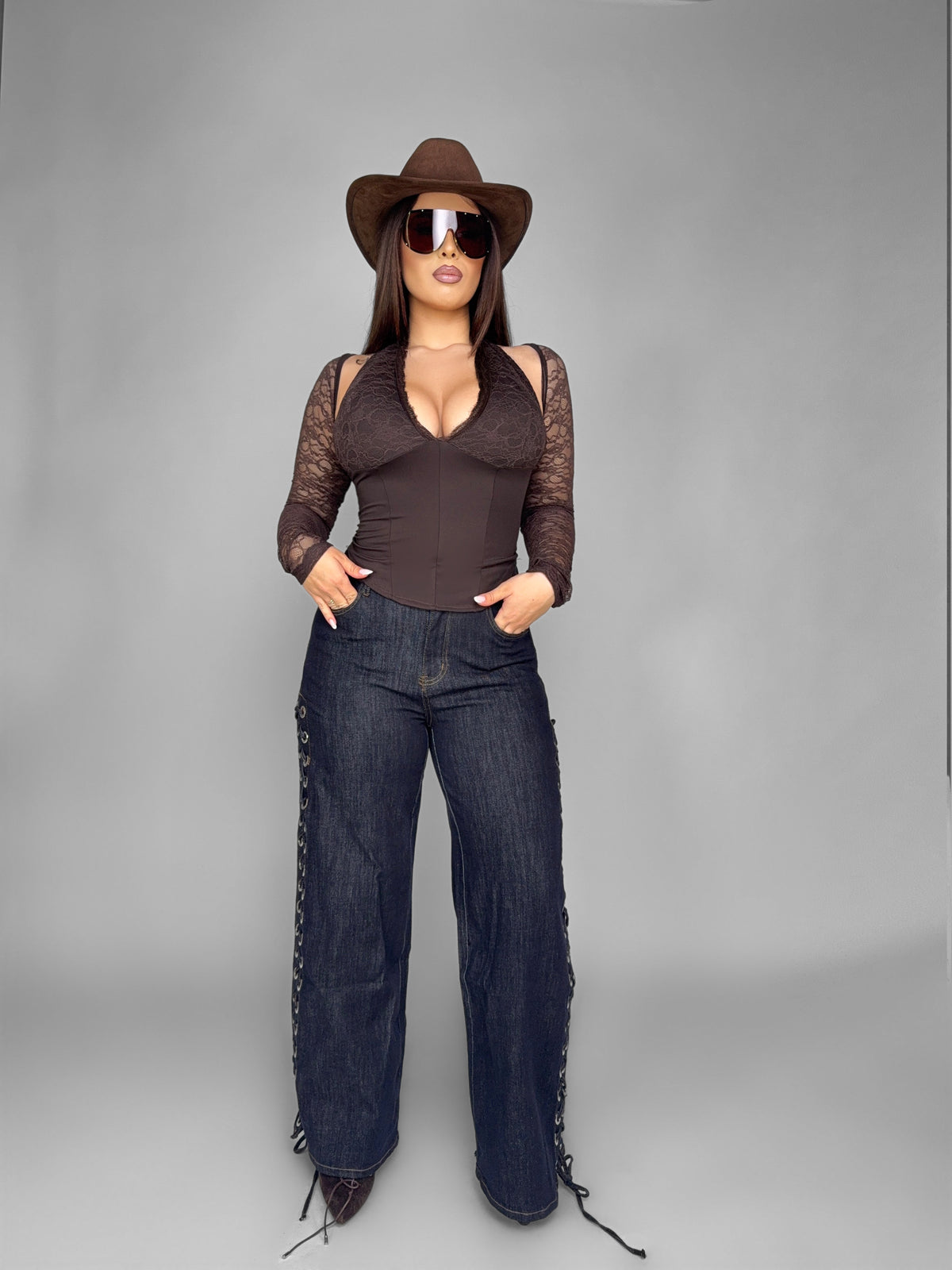 Total Look Lace Sleeve Brown
