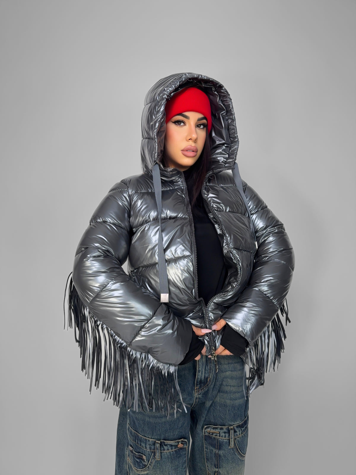 Metallized Gloss Puffer Jacket - Silver