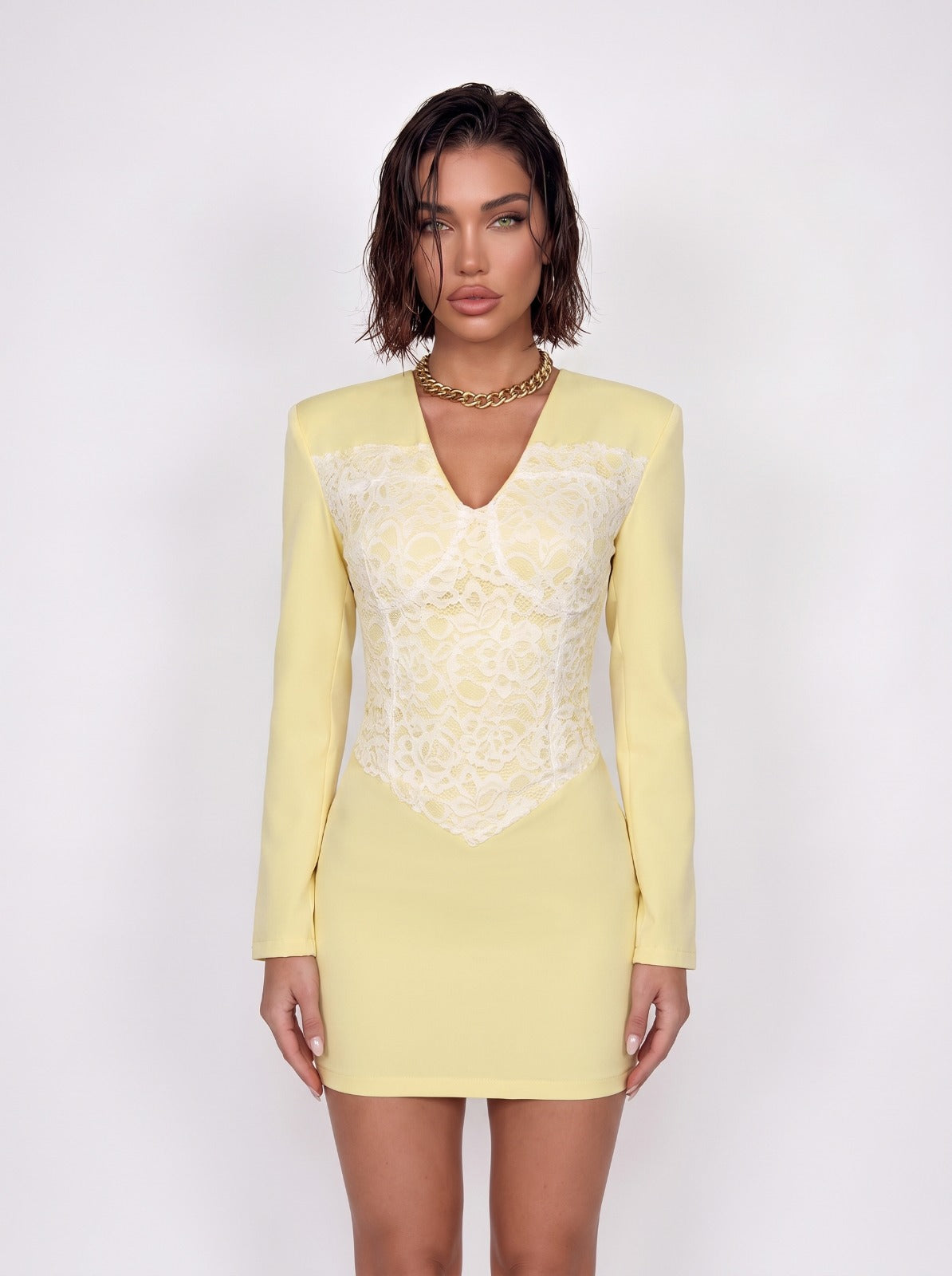 Lace Overlay Dress - Yellow