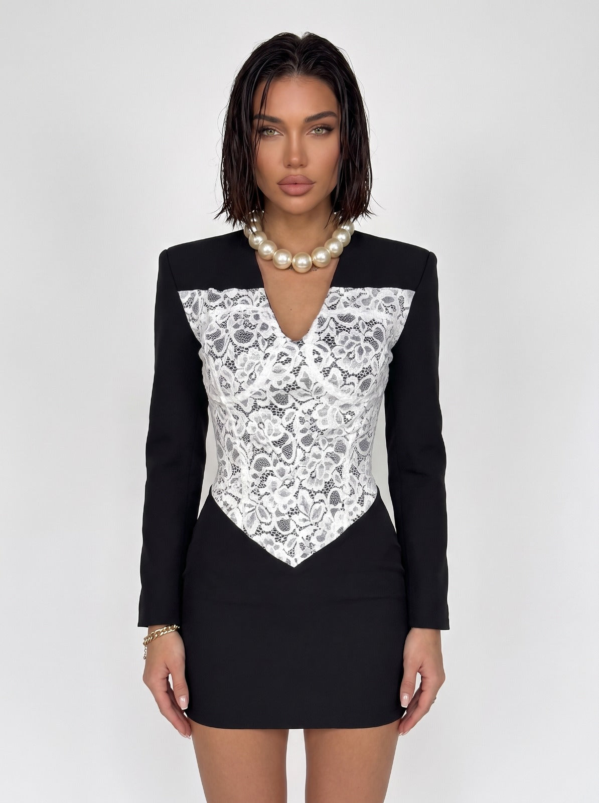Lace Overlay Dress-Black/White