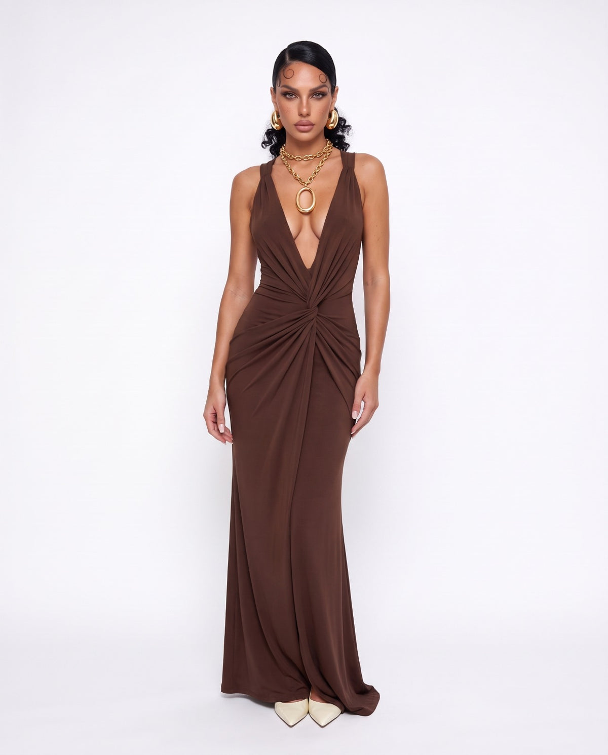 V Long Dress-Brown