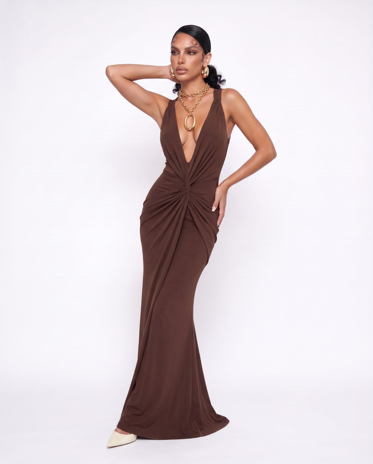 V Long Dress-Brown