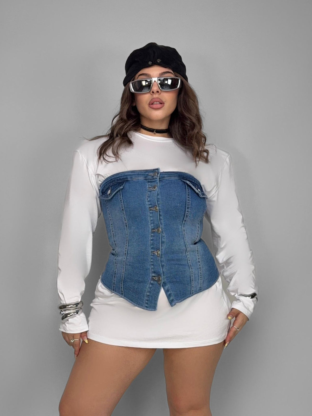 CURVY FIT - Mega Shoulder Maxi Sweater-White