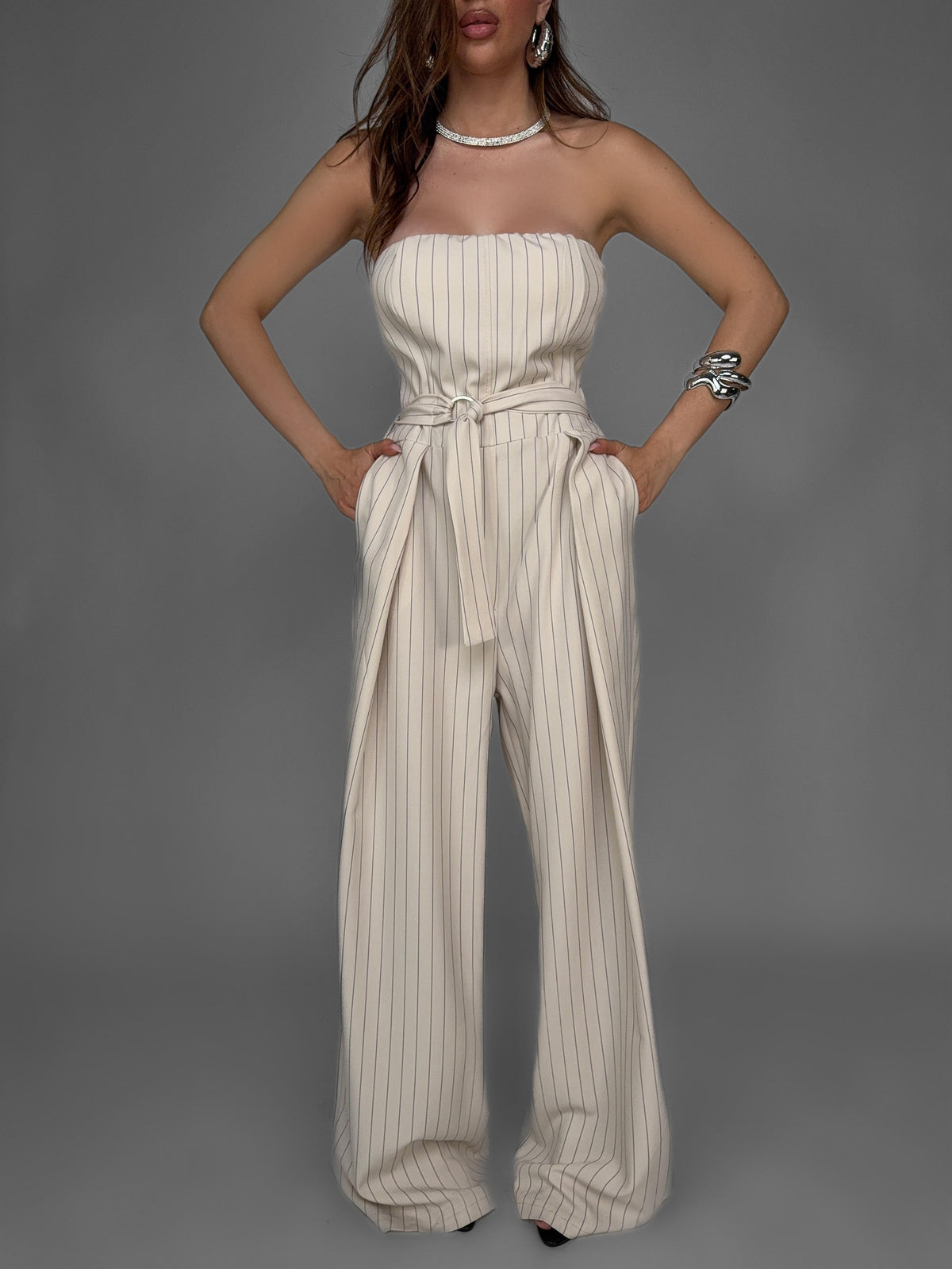 Striped Jumpsuit - Beige