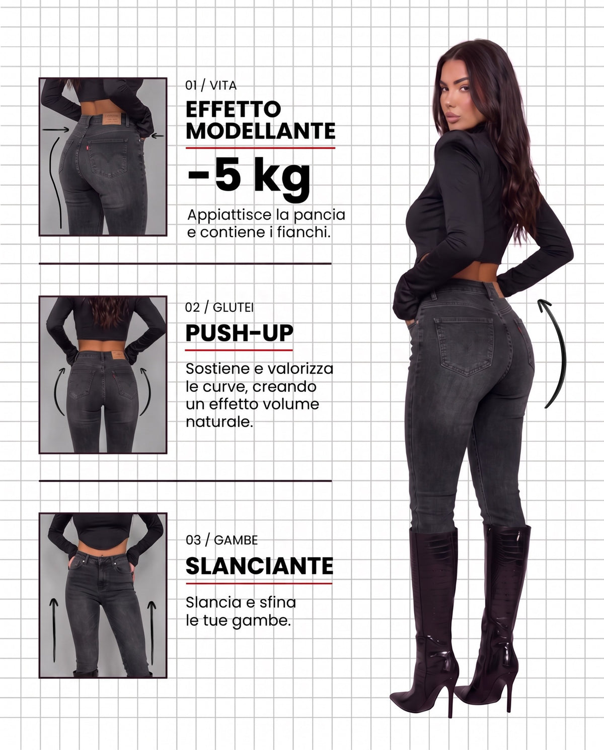 Jeans Miracle Push Up -5kg Grey - effetto modellante, push-up, slanciante