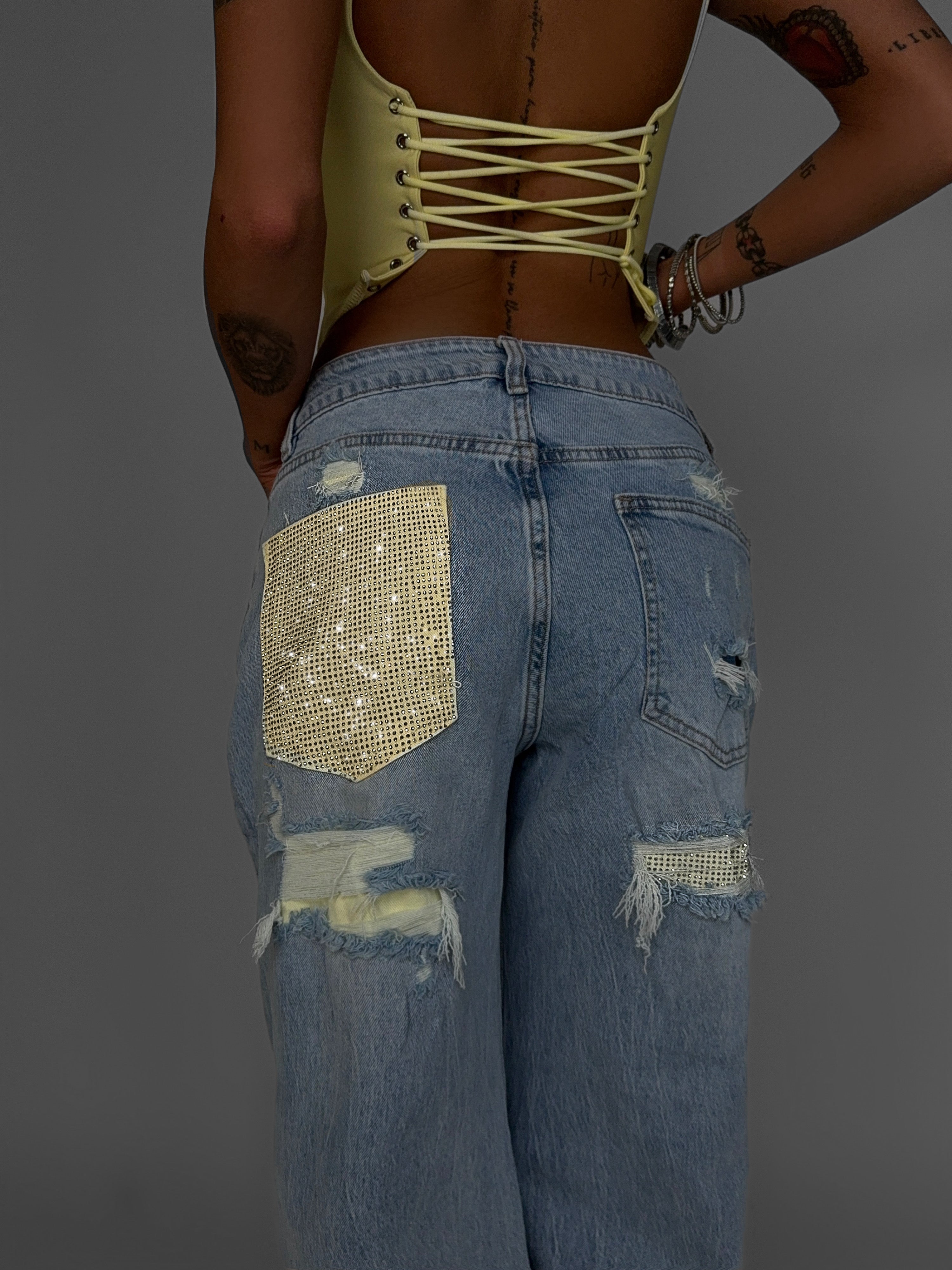 Glitter Pocket Jeans - Yellow