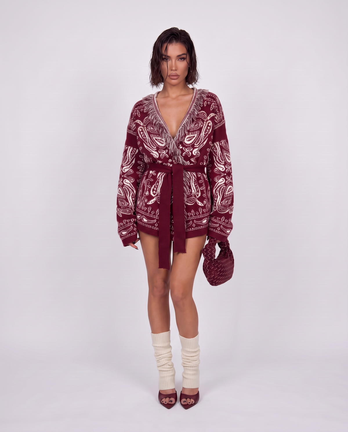 Cardigan Paisley Fringe-Cherry Red