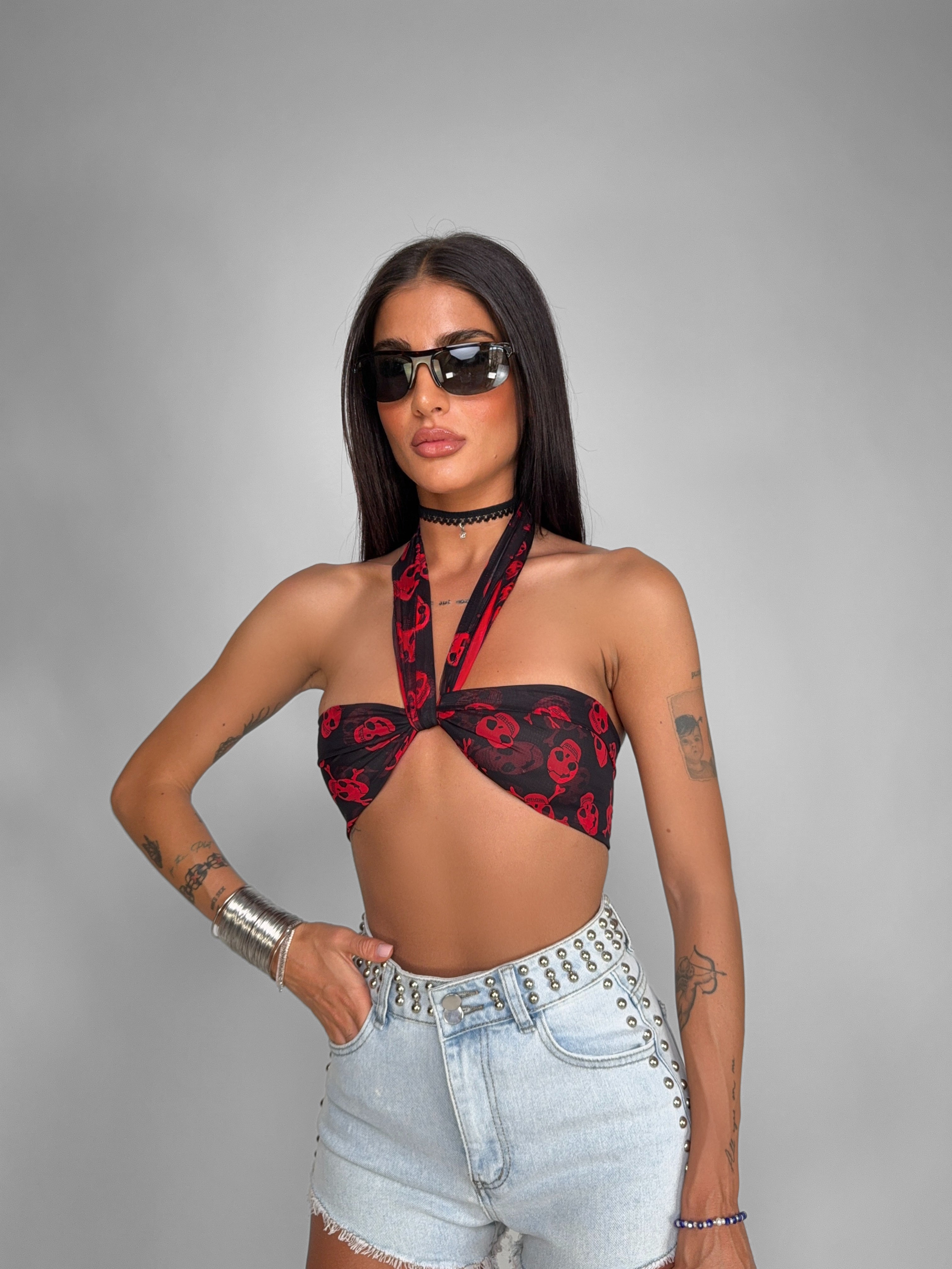 Top Foulard Skull Pattern-Red