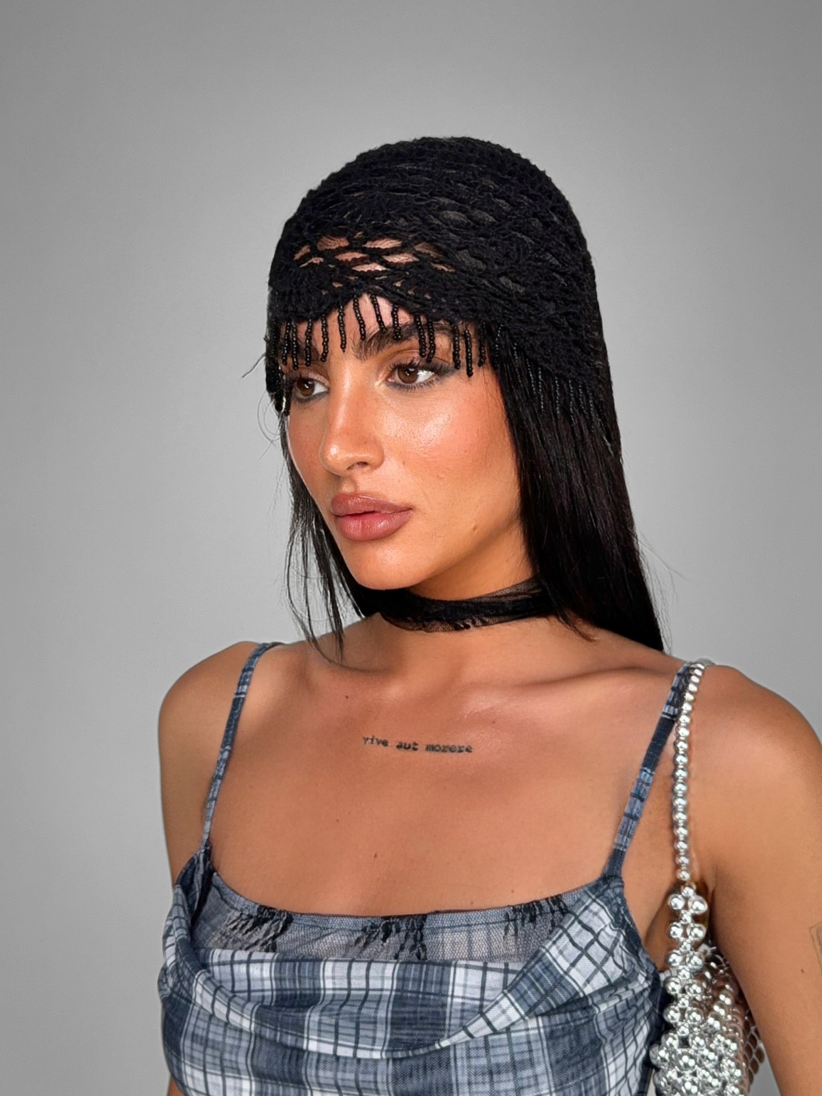 Cappello Crochet Pearl Fringe-Black