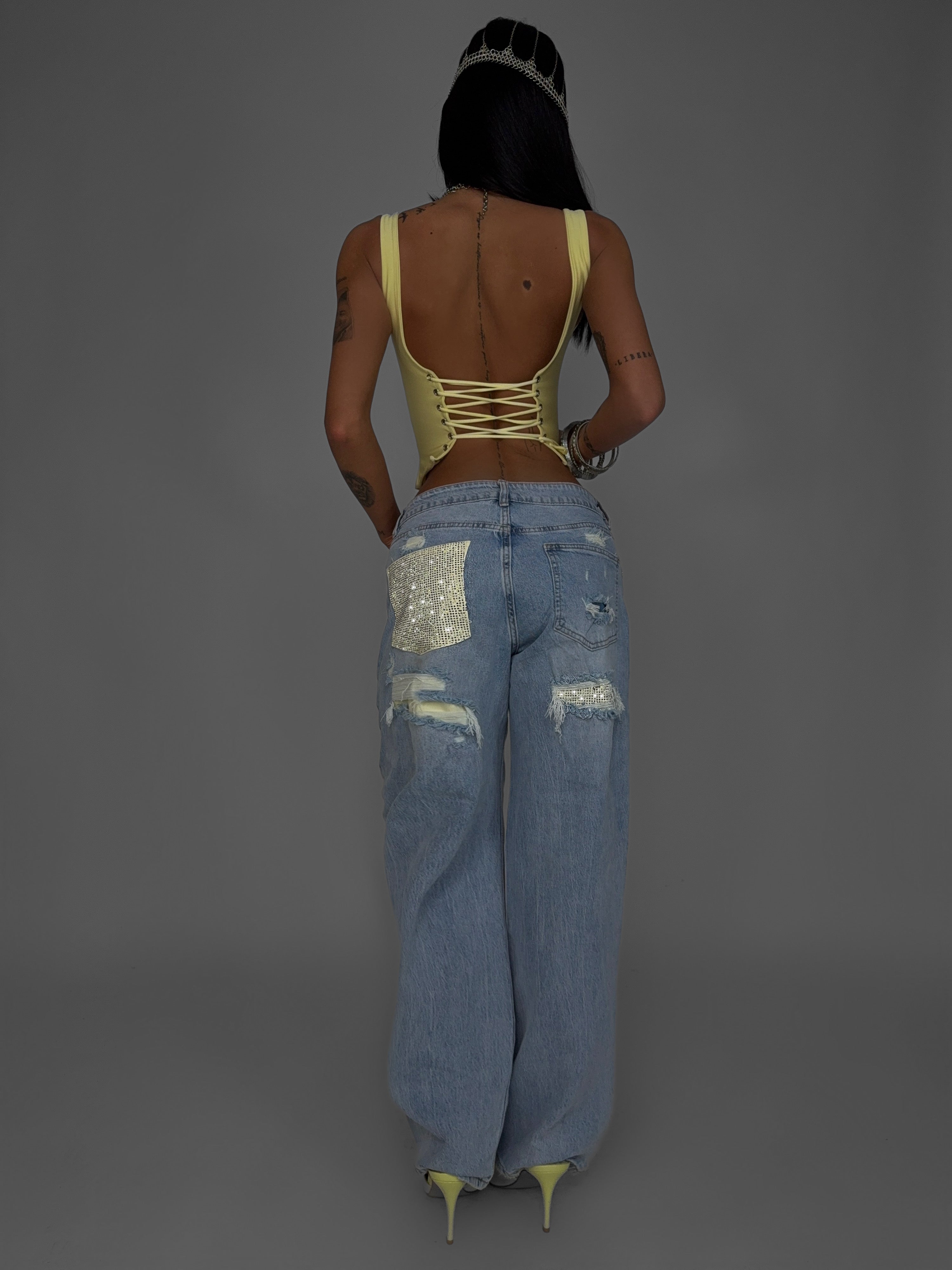 Glitter Pocket Jeans - Yellow