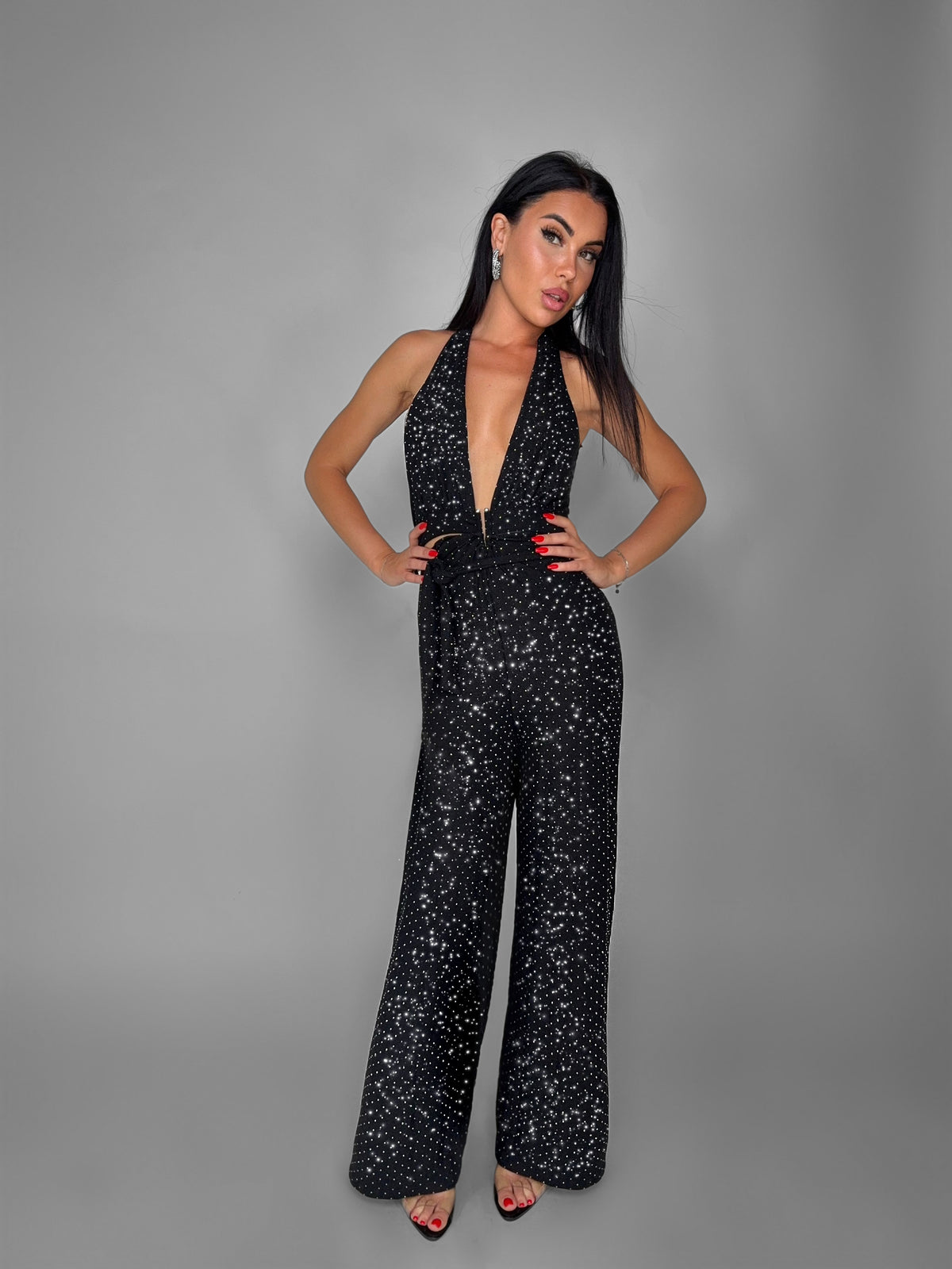 Tuta Glitter Deep V-Black