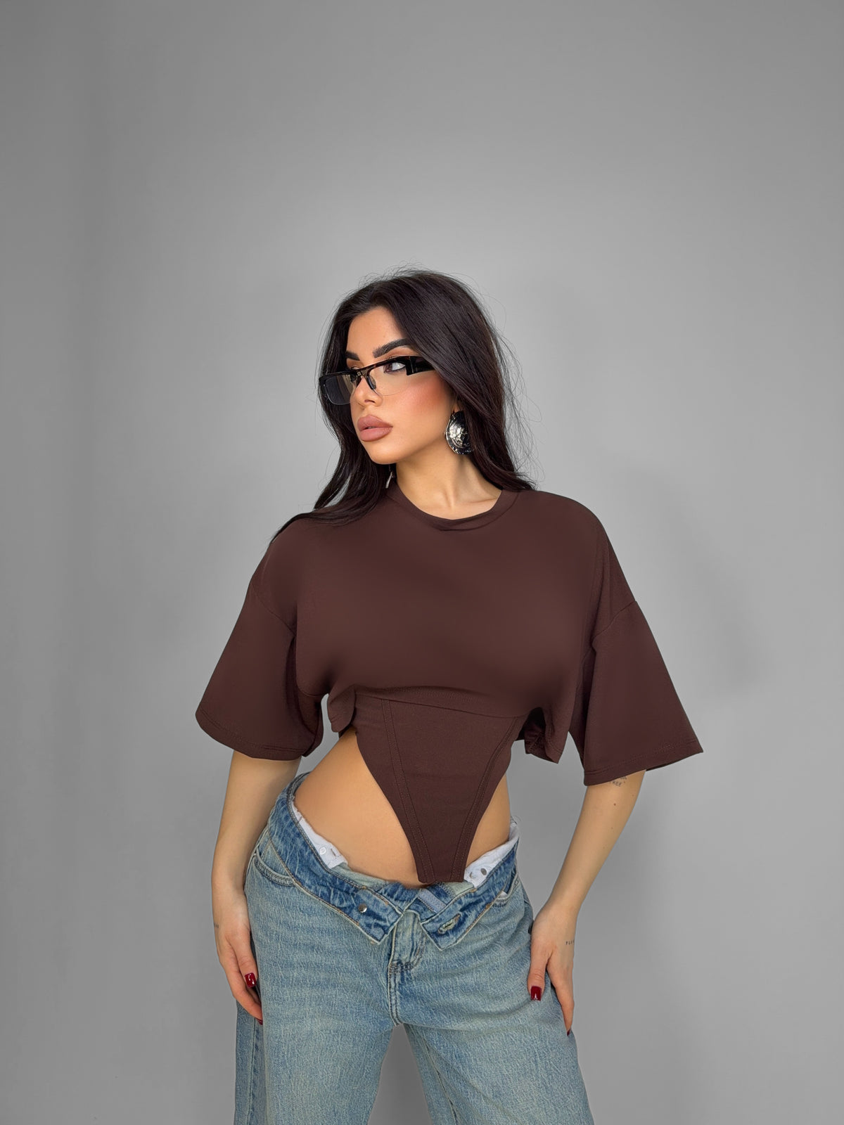 Corset Waist T-shirt - Brown