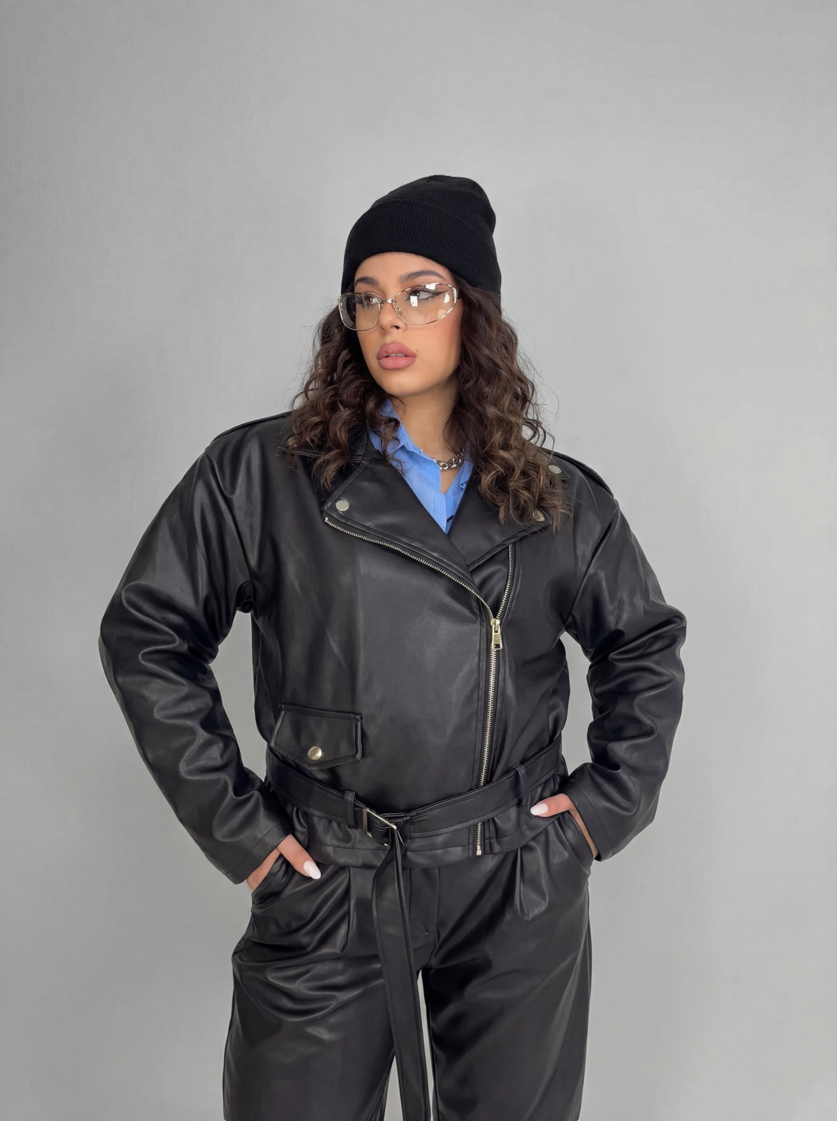 CURVY FIT - Studded Over Leather-Black
