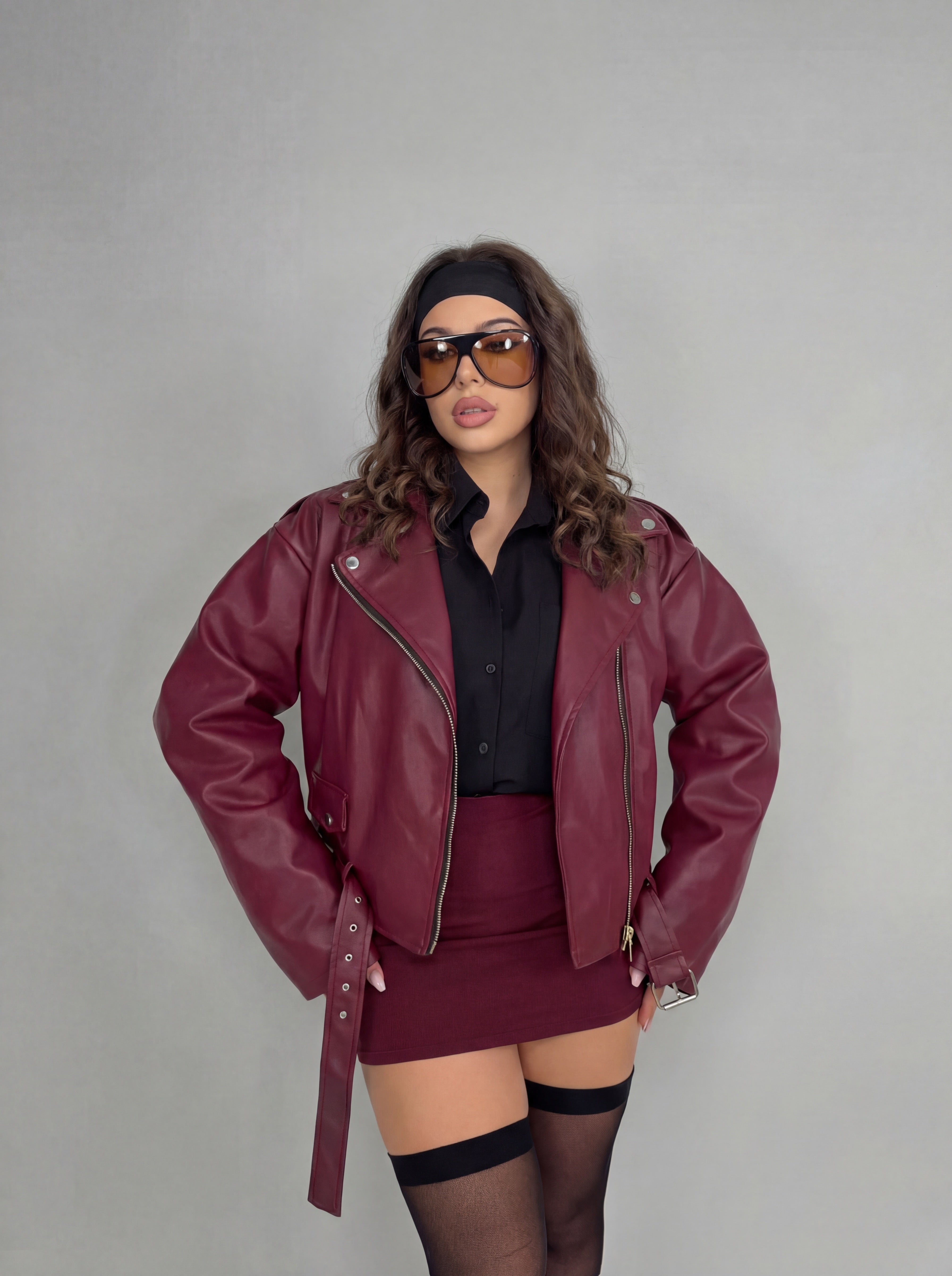 CURVY FIT - Studded Over Leather-Cherry Red