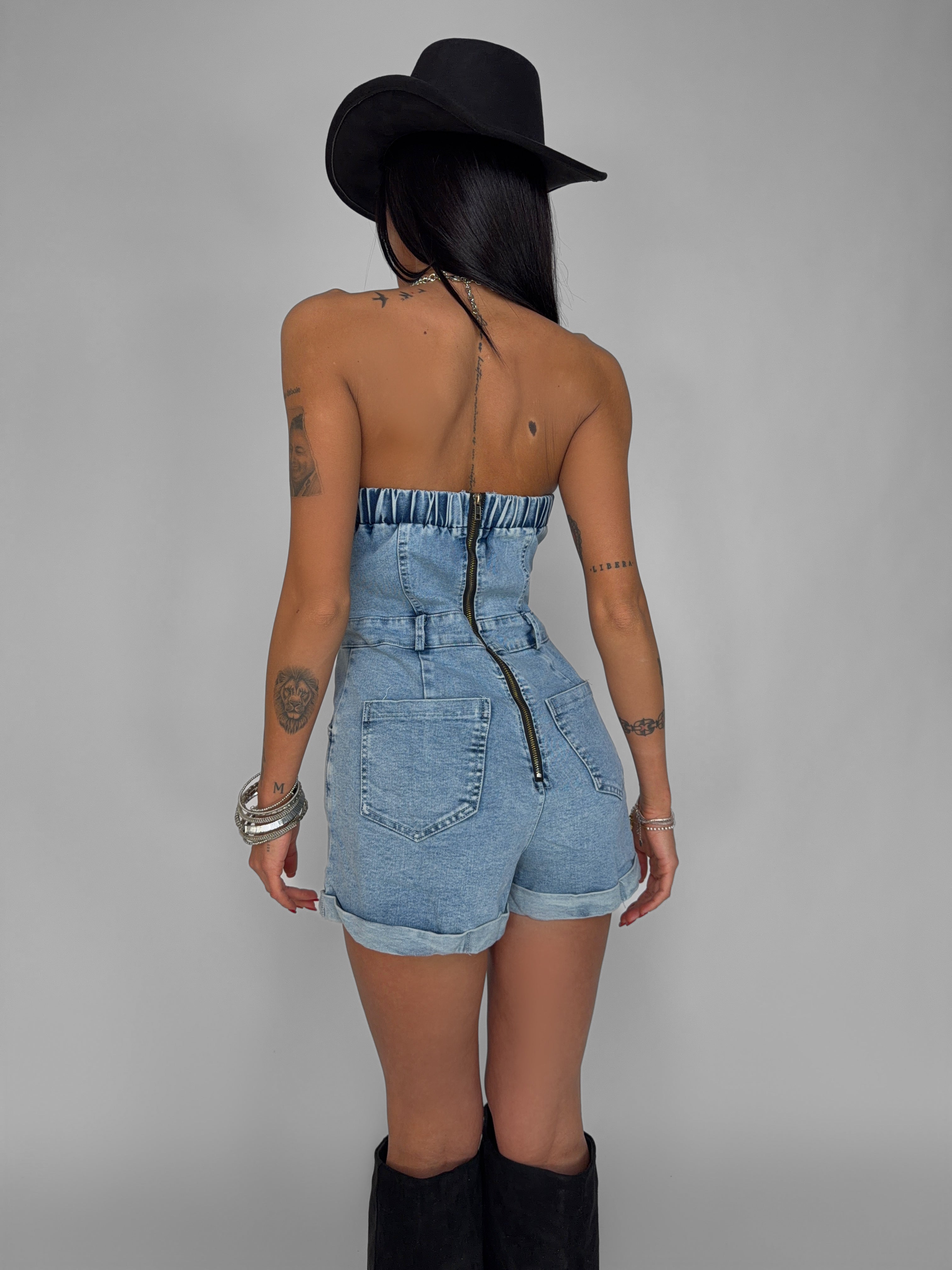 Lace-Up Denim Jumpsuit