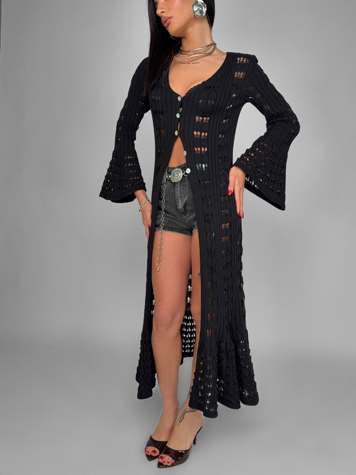 Long Crocheted Cardigan - Black