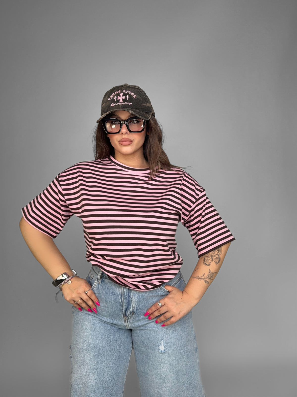 CURVY FIT - T-Shirt Stripe Layer-Brown