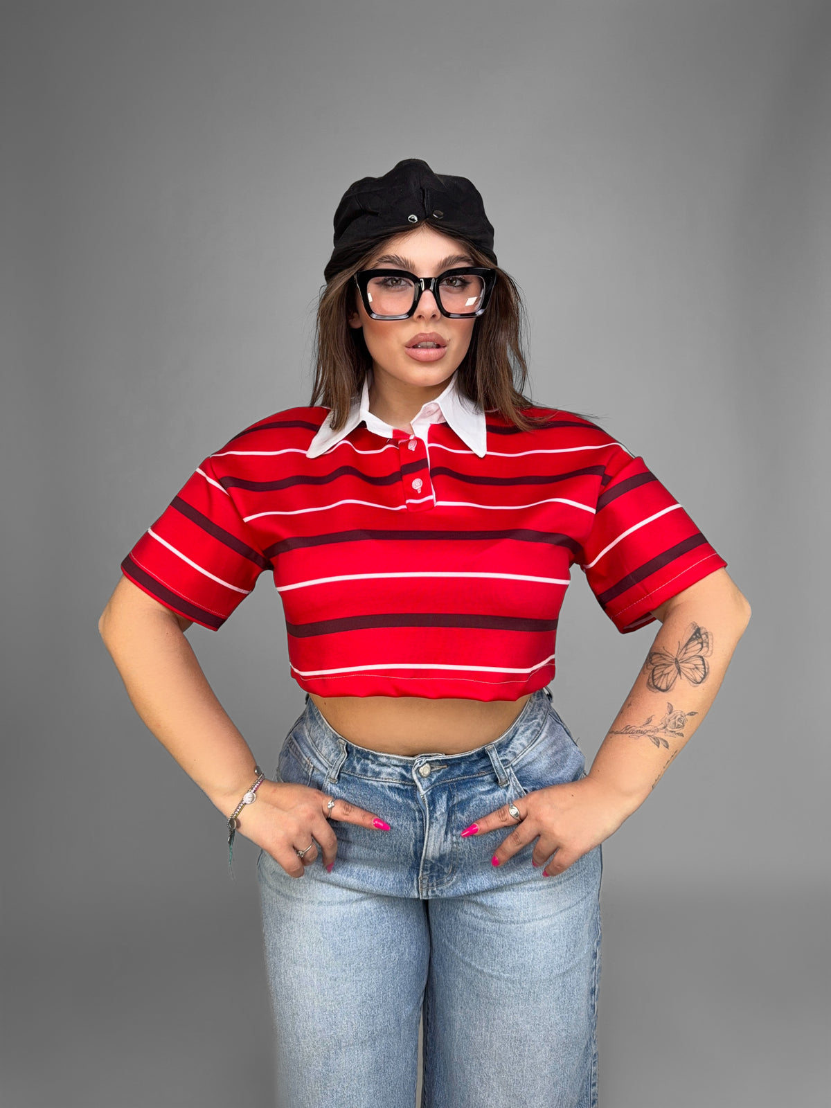 CURVY FIT - Polo Crop-Red