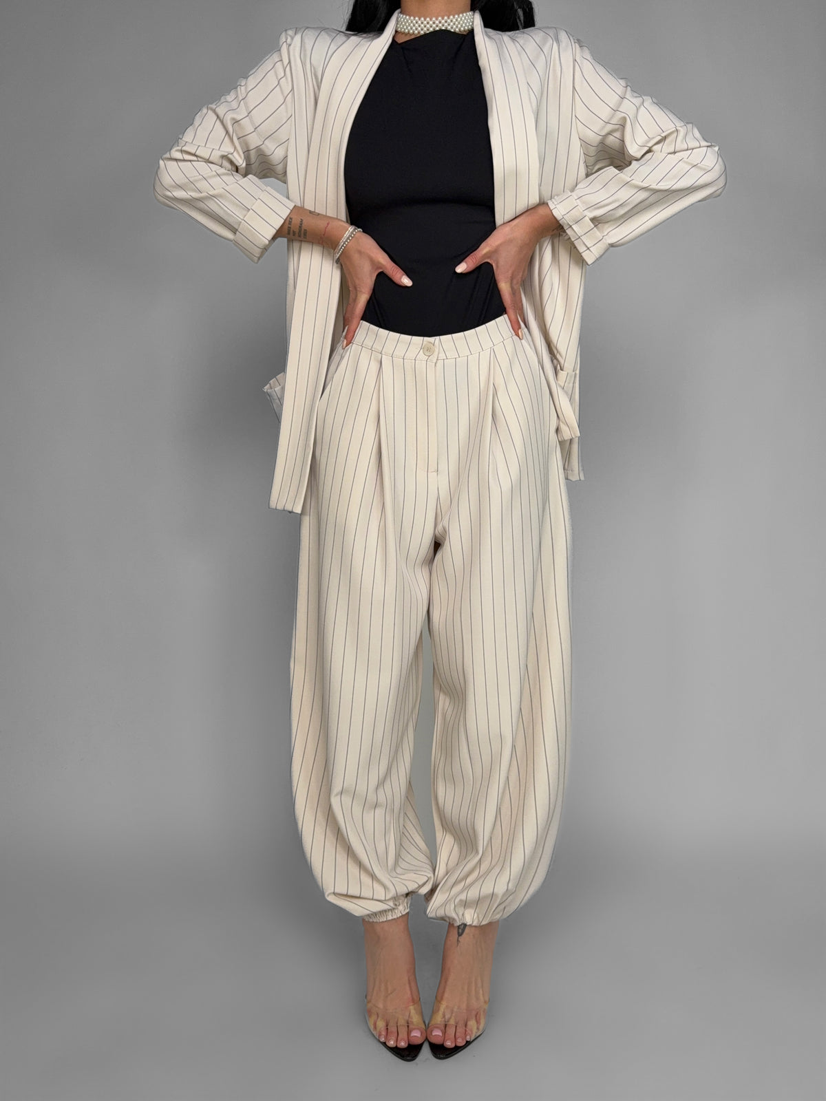 Classic Pinstripe Trousers - Beige