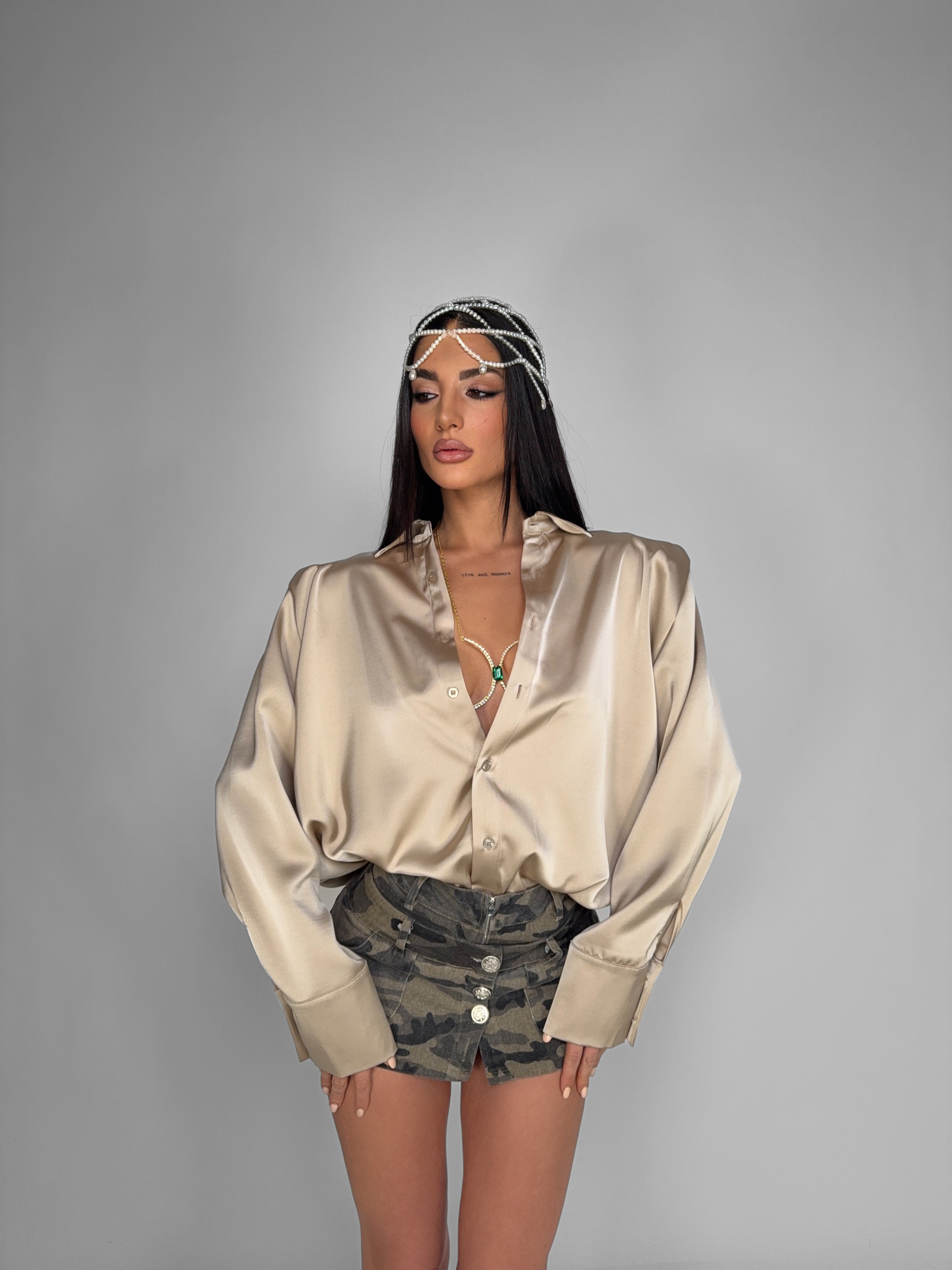 Shiny Satin Shirt-Beige