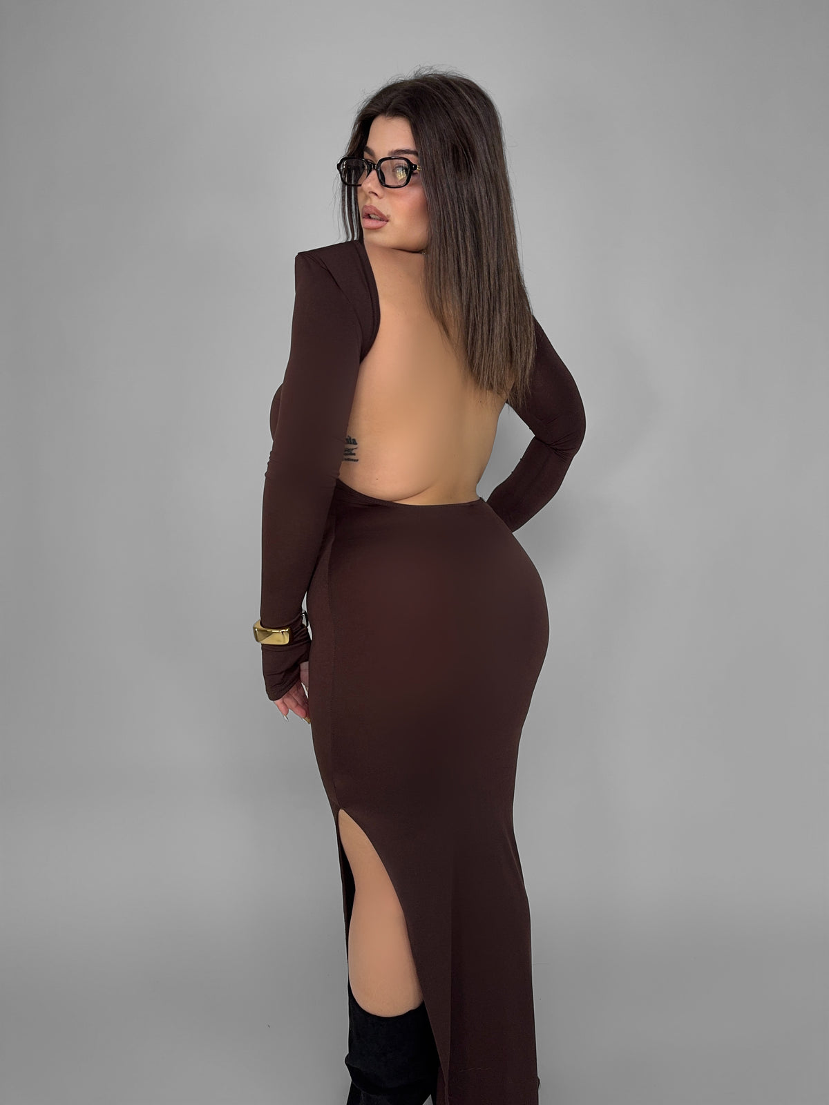 CURVY FIT - Abito Bare Back-Brown