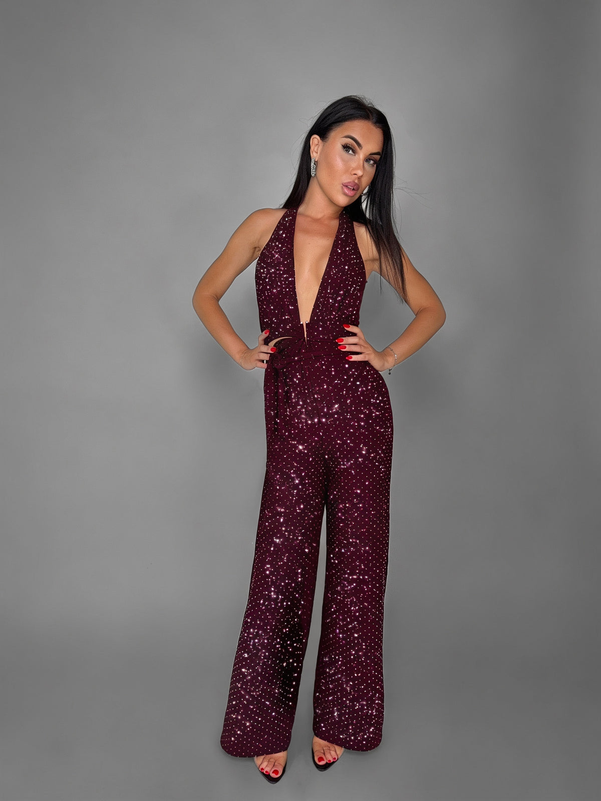 Tuta Glitter Deep V-Cherry Red