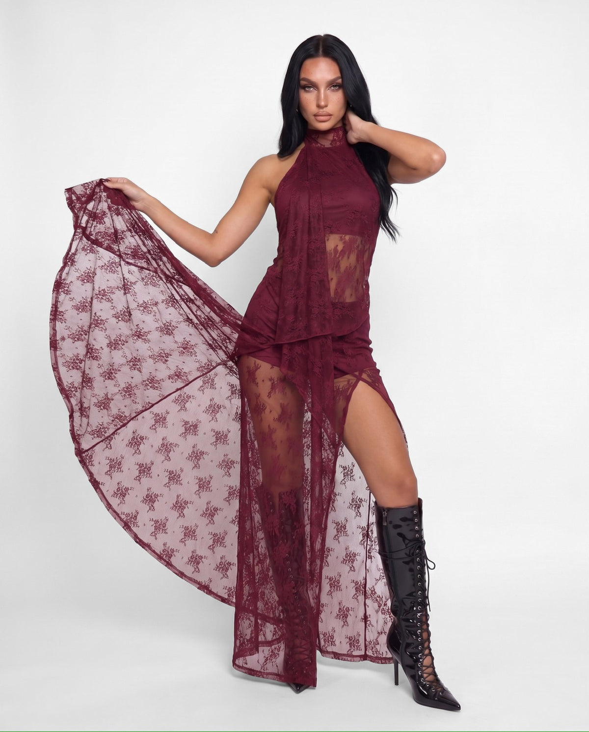 Abito Lace Sash-Cherry Red
