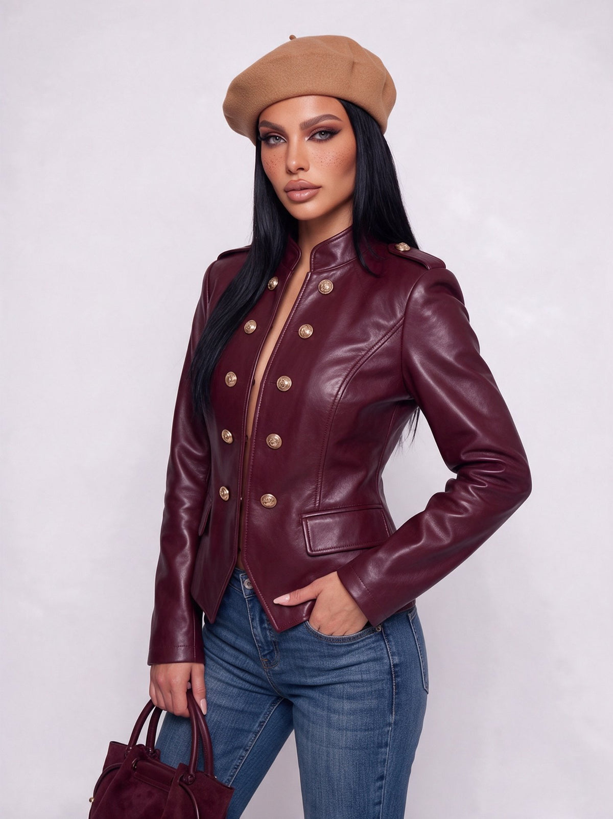 Giacca Leather Button-Cherry Red