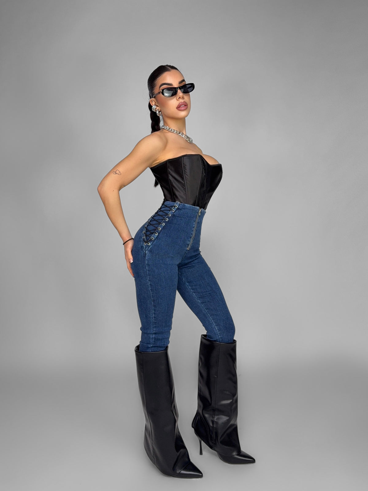Jeans Side Lace-Dark Denim