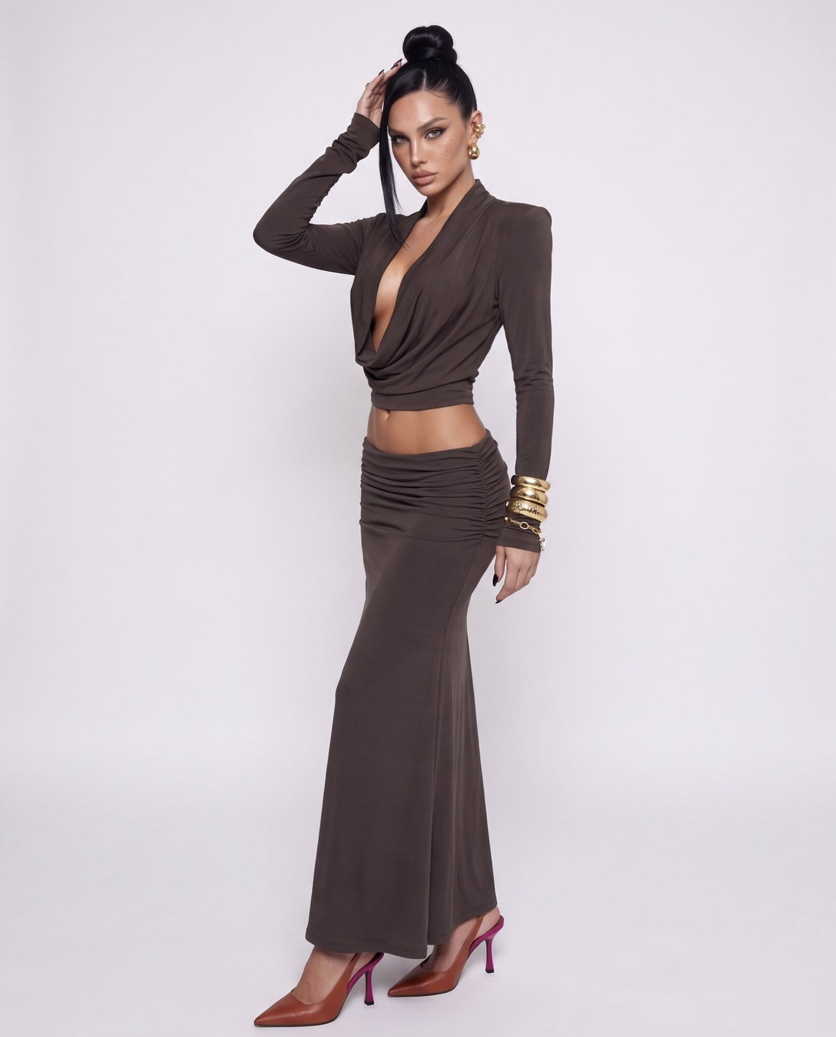 Coord Set Draped-Brown