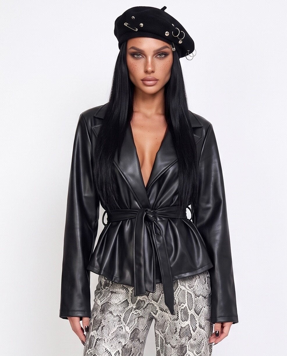Gabardina de piel brillante-negro