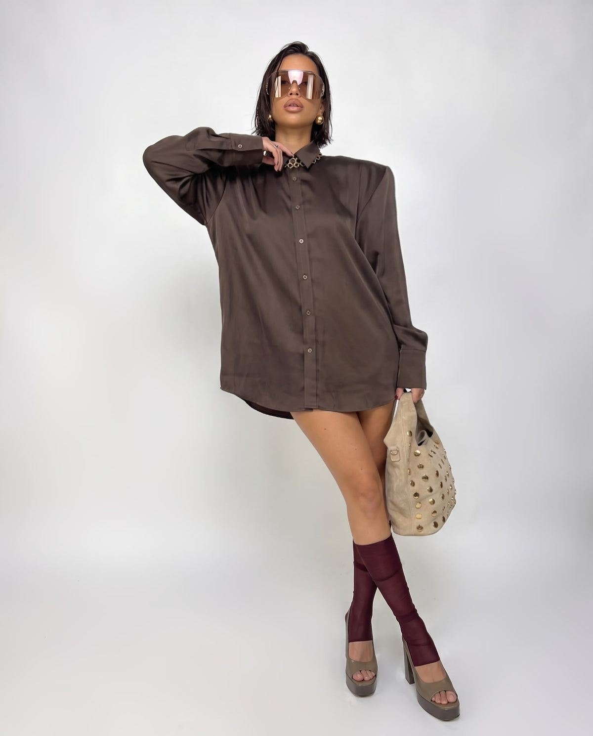 Shiny Satin Shirt-Violet
