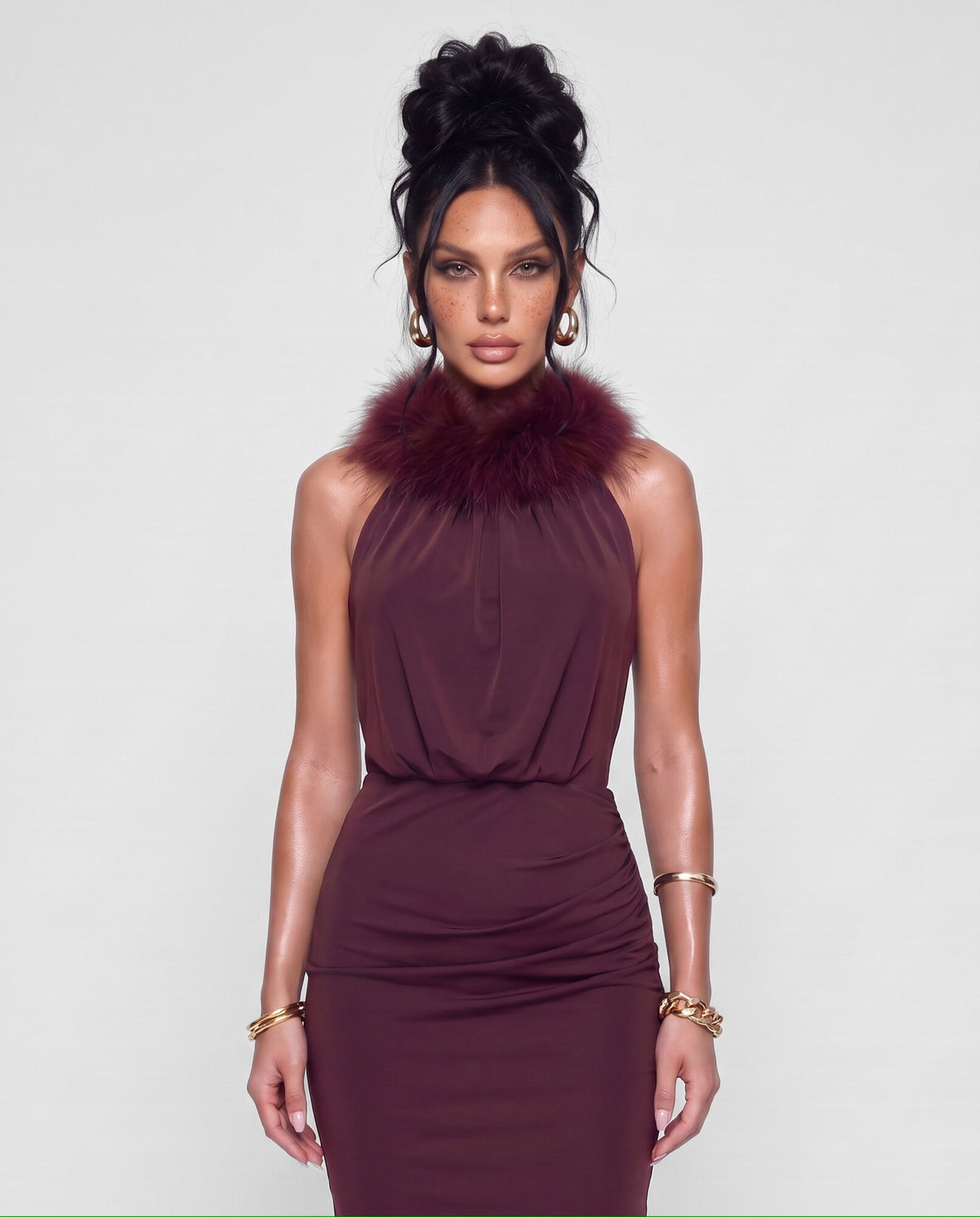 Abito Fur Collar-Cherry Red