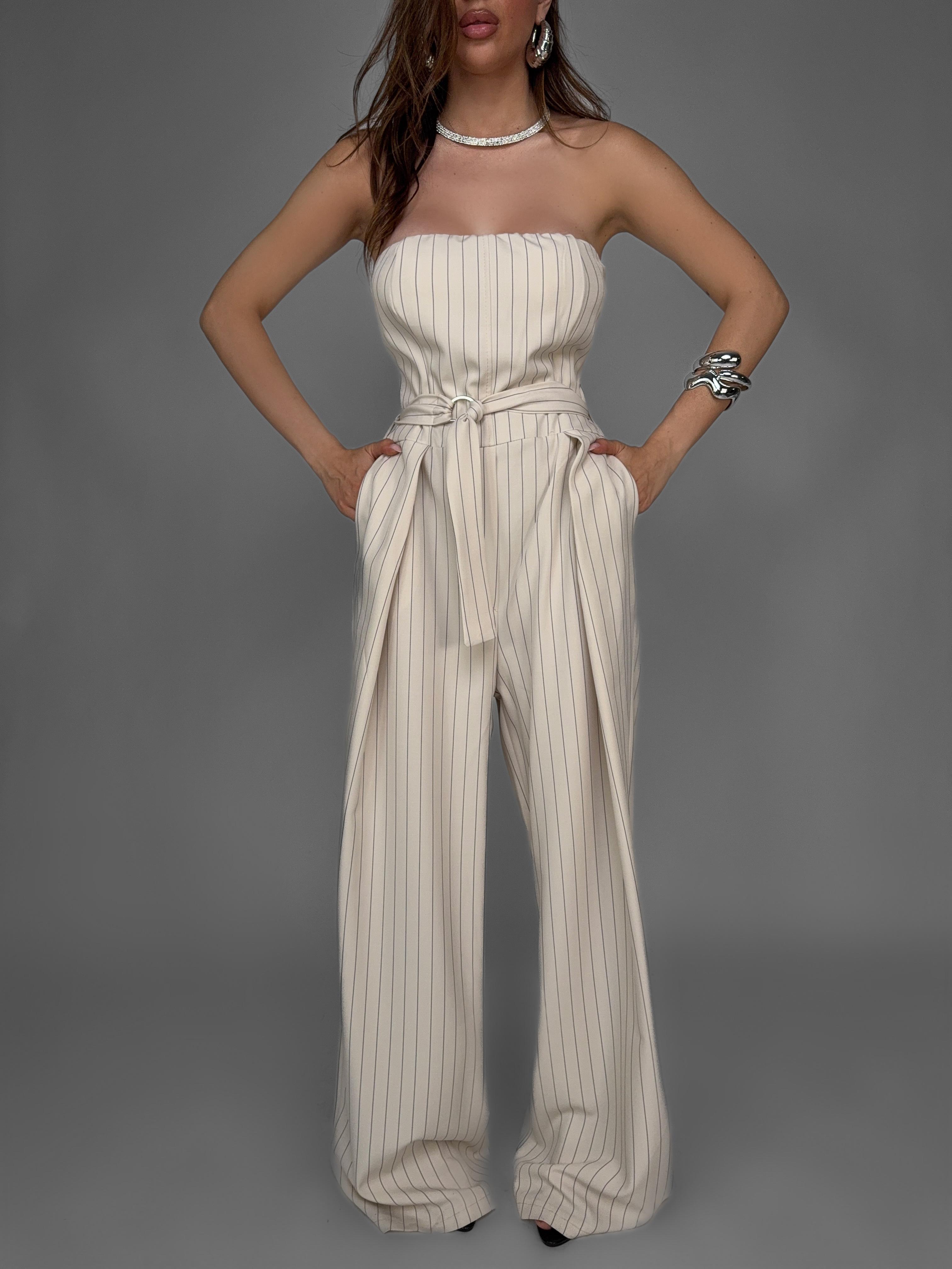 Striped Jumpsuit - Beige